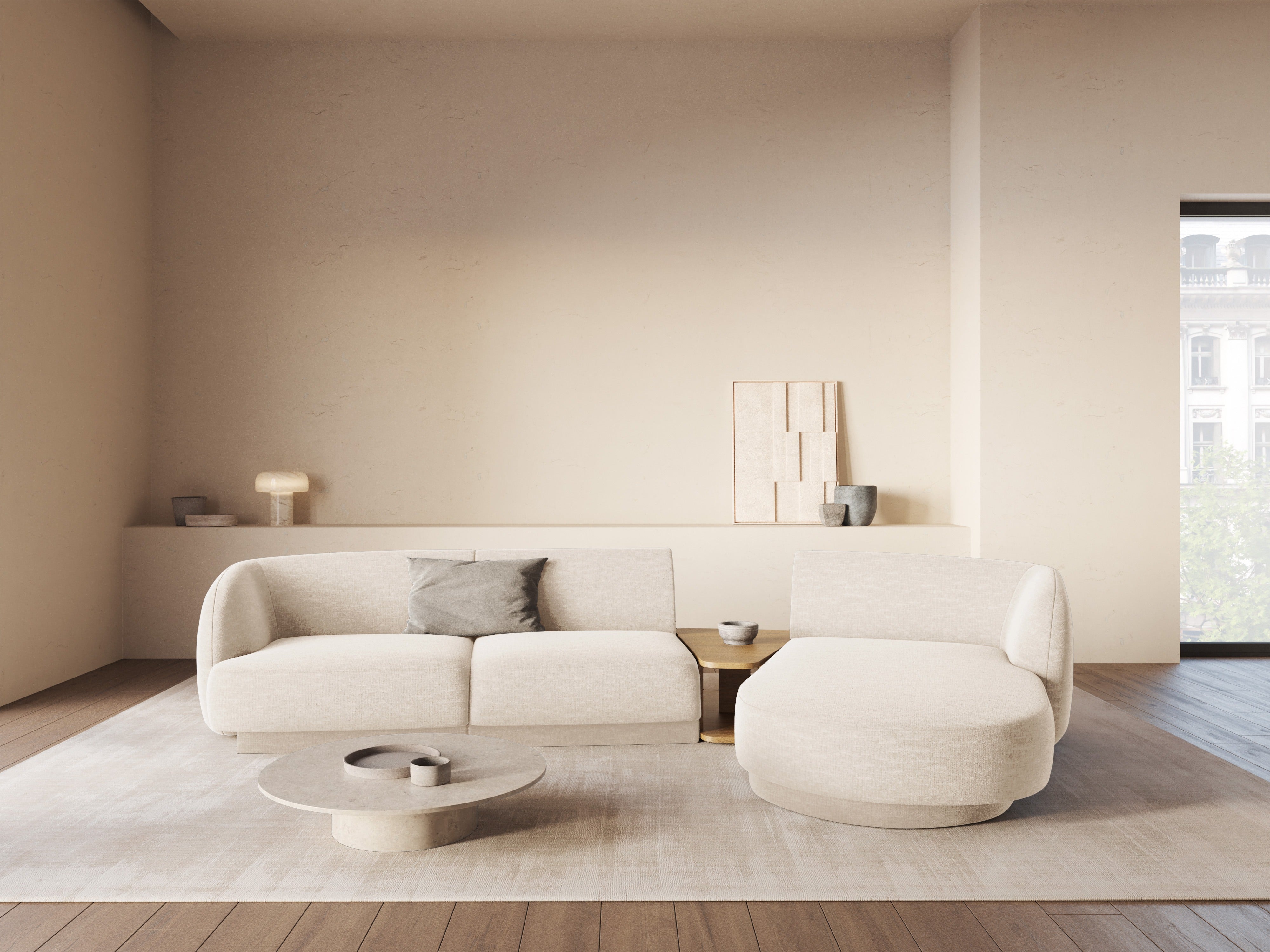 Modulaire hoekbank met tafel 3-zits rechts MILEY lichtbeige chenille zijdeachtig