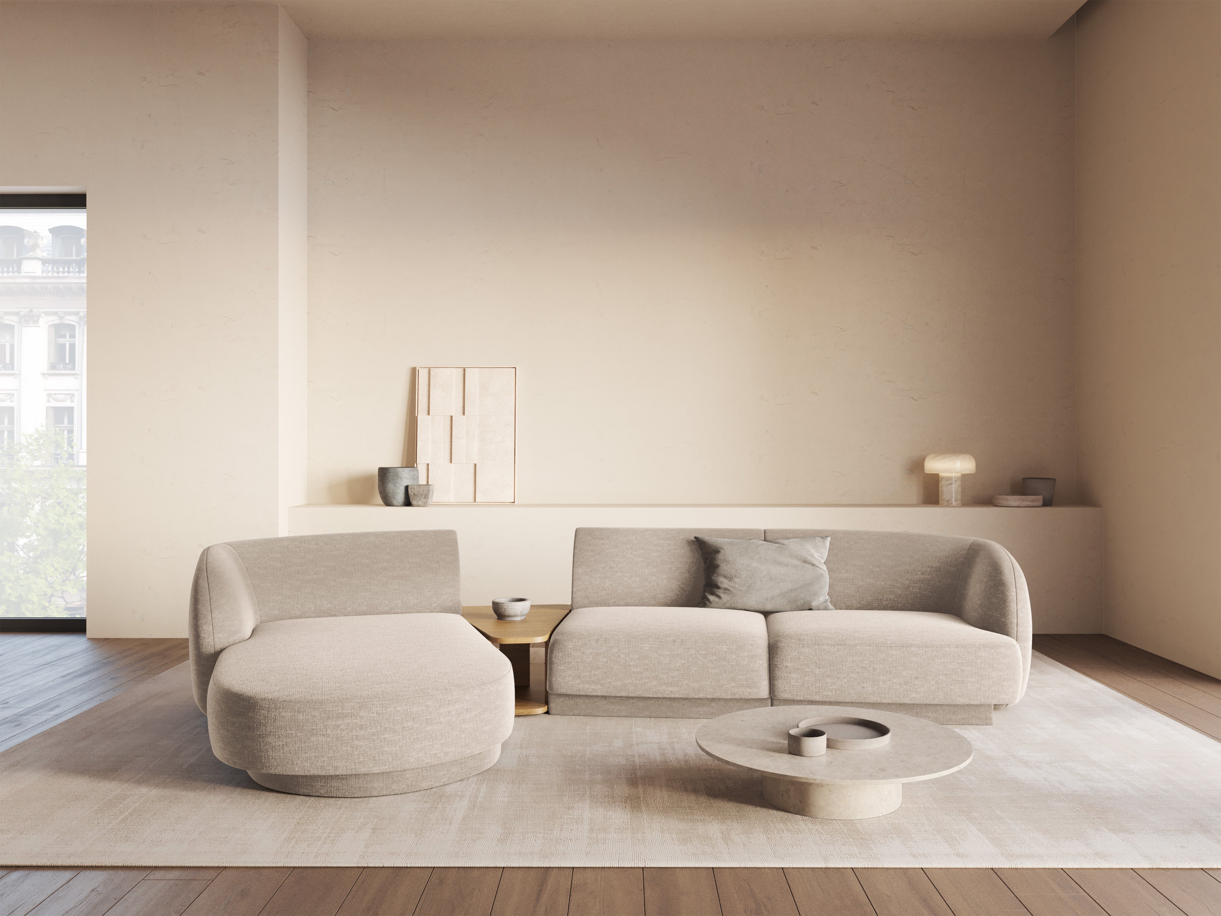 Modulares Ecksofa mit Tisch 3-sitzig links MILEY beige schimmerndes Chenille