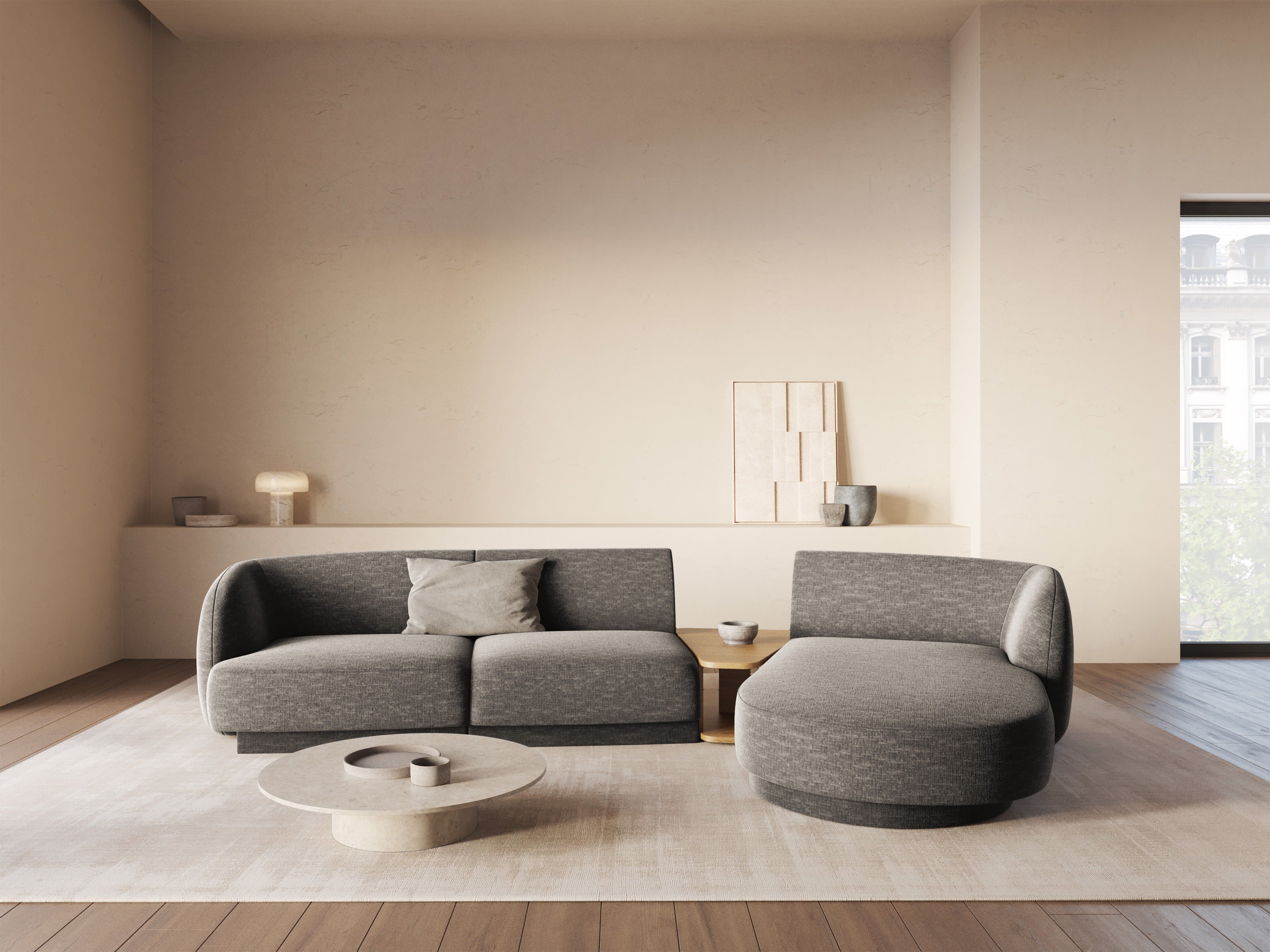 Modular corner sofa with table 3-seater right-sided MILEY gray chenille silky