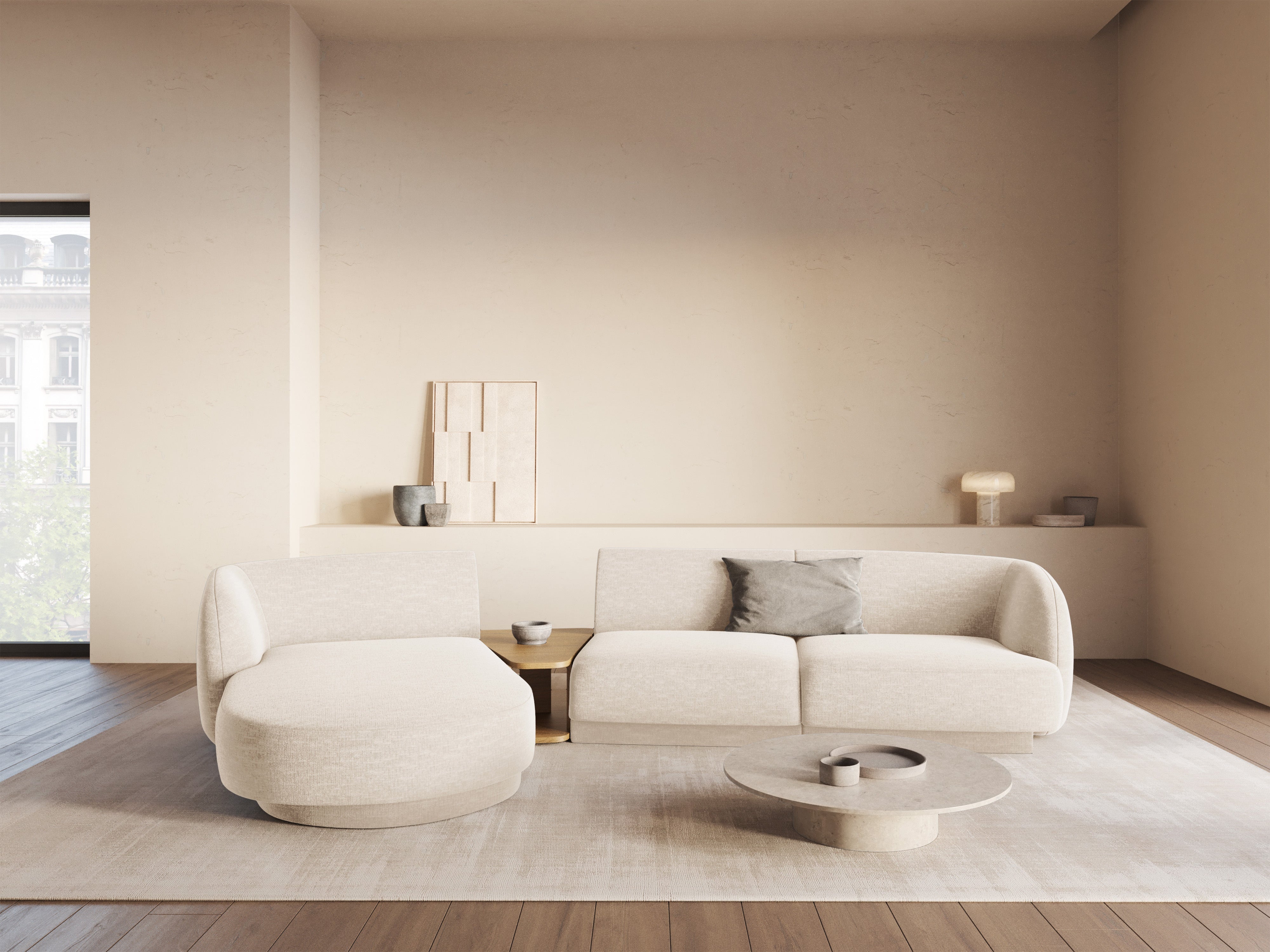 Modulaire hoekbank met tafel 3-zits links MILEY ivoorkleurig chenille