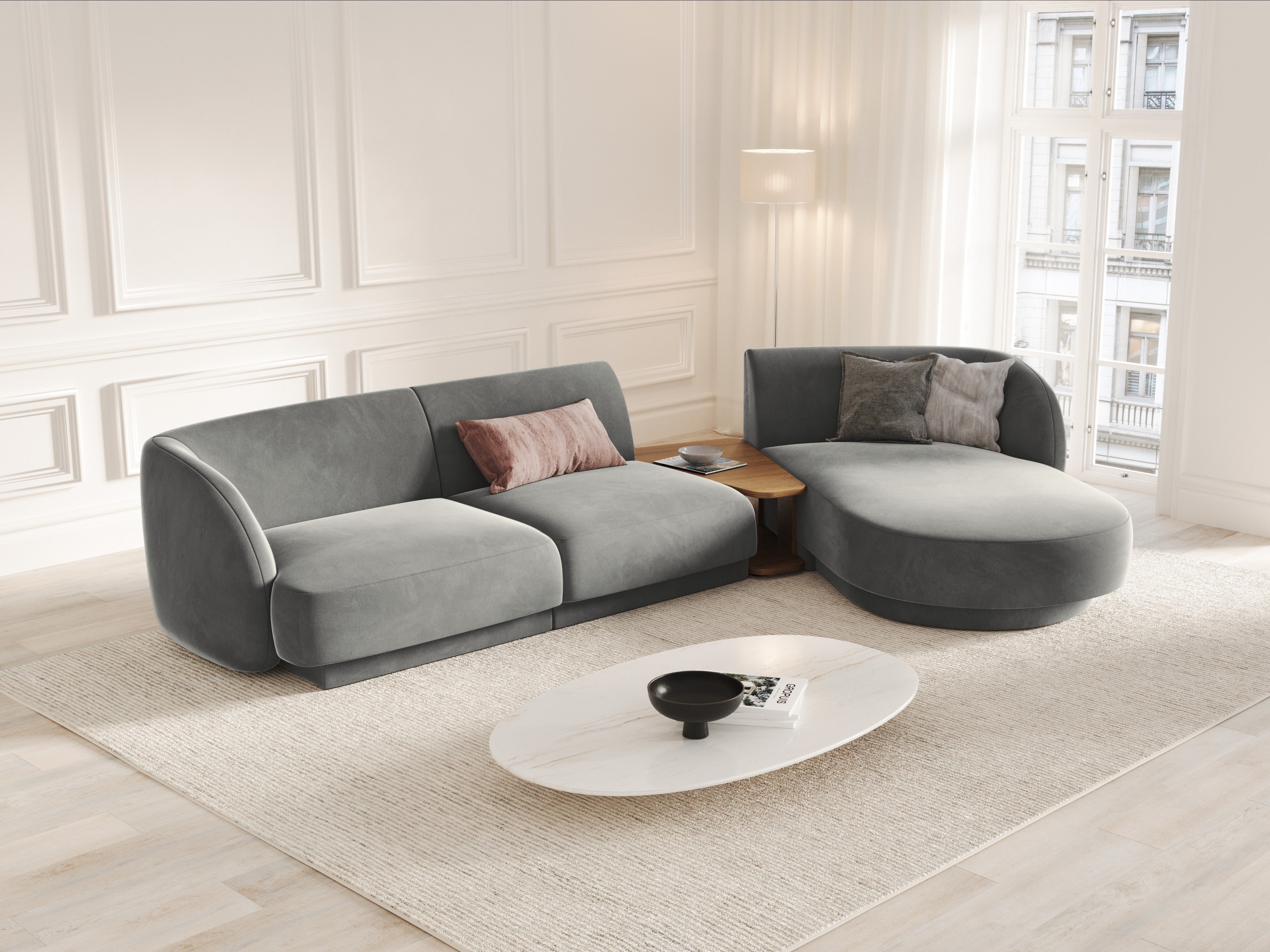 Modular corner sofa with table 3-seater right-sided velvet MILEY light gray