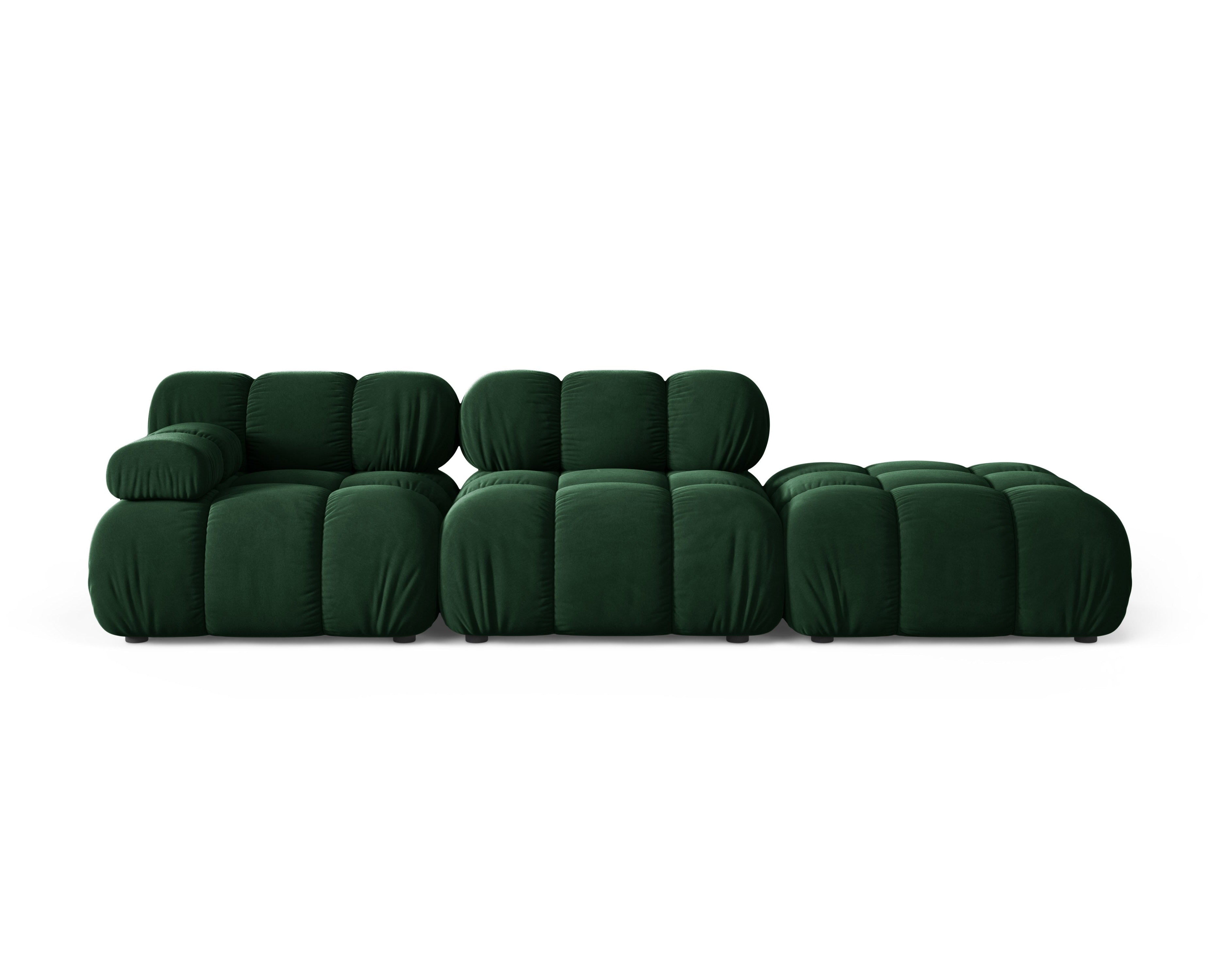 Modulaire fluwelen bank BELLIS met open rechterzijde in bottlegroen.