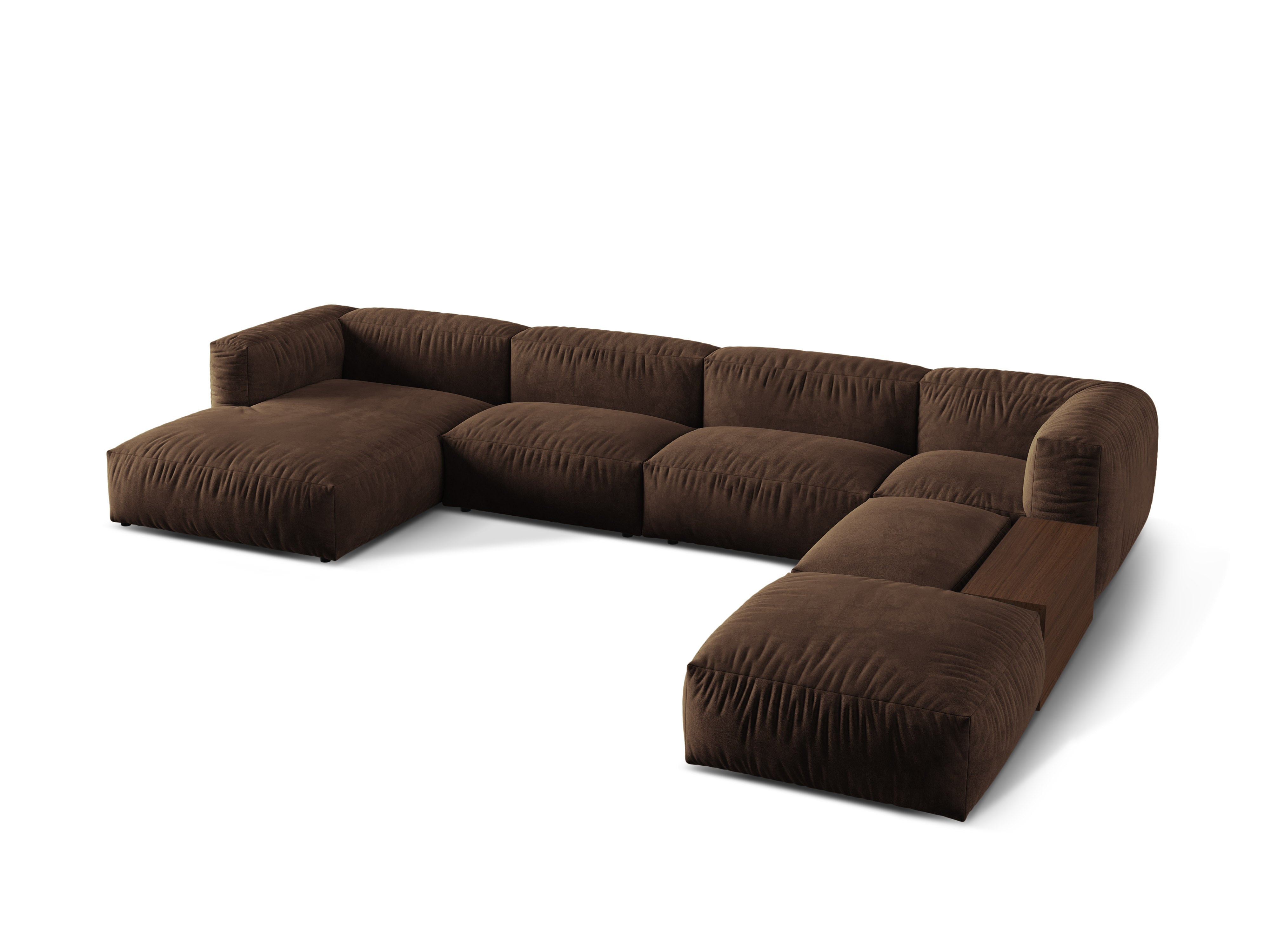 Rechthoekige panoramische MARTINA bank met een chocoladekleurige fluwelen bekleding.