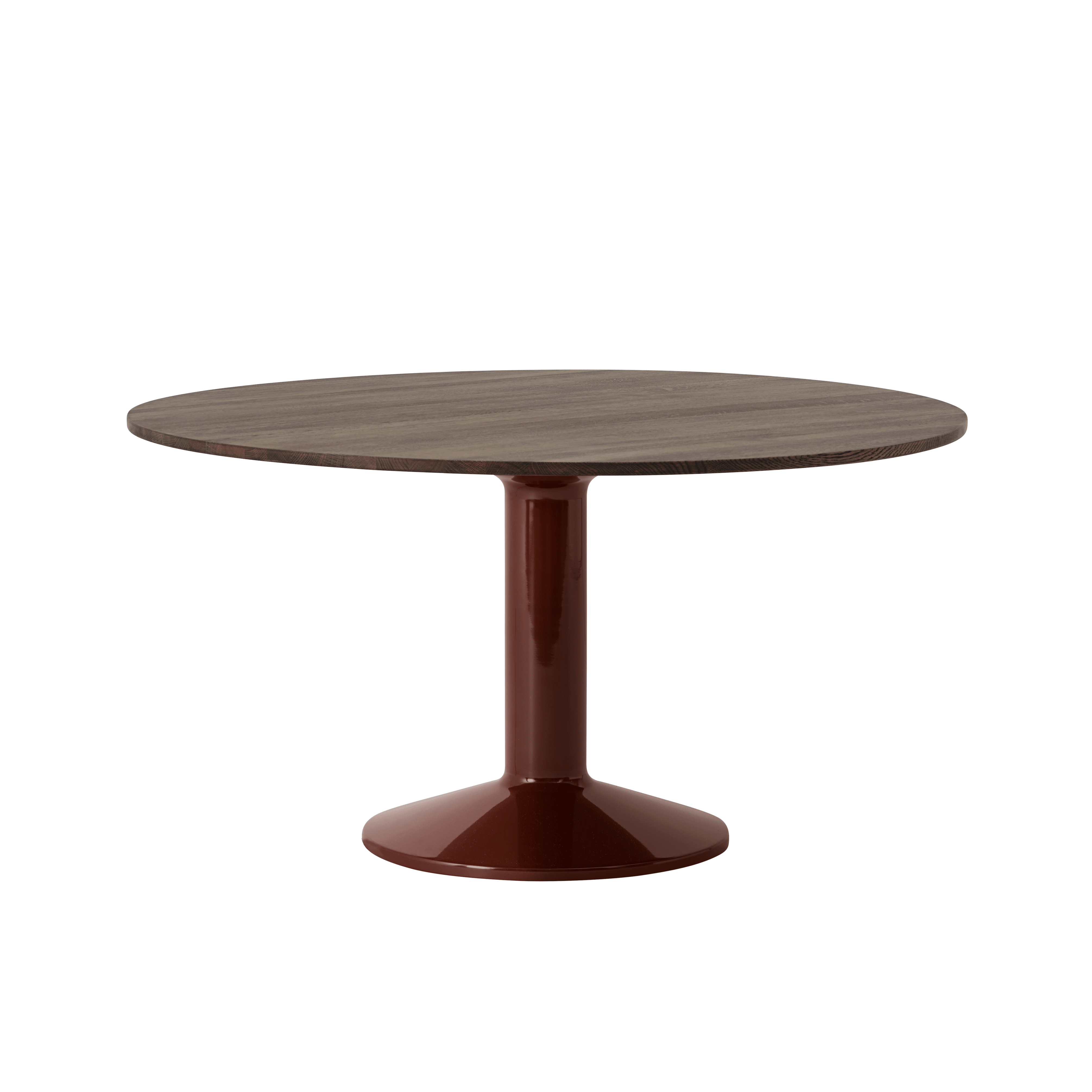 Ronde tafel MIDST donkergeolied eiken met bordeauxkleurige voet