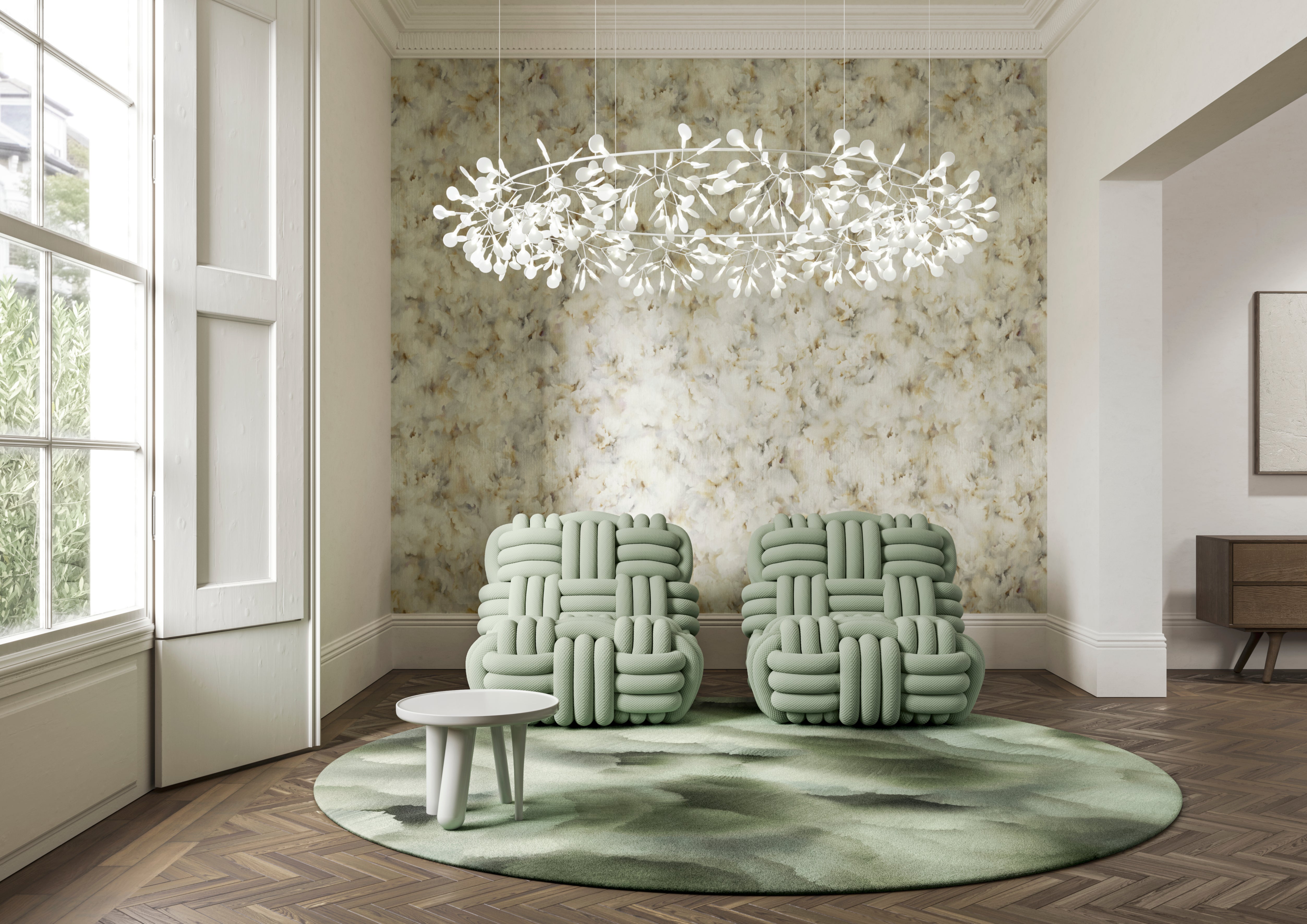 Silk textile wallpaper with abstract pattern SILK BOMBIS orange with beige
