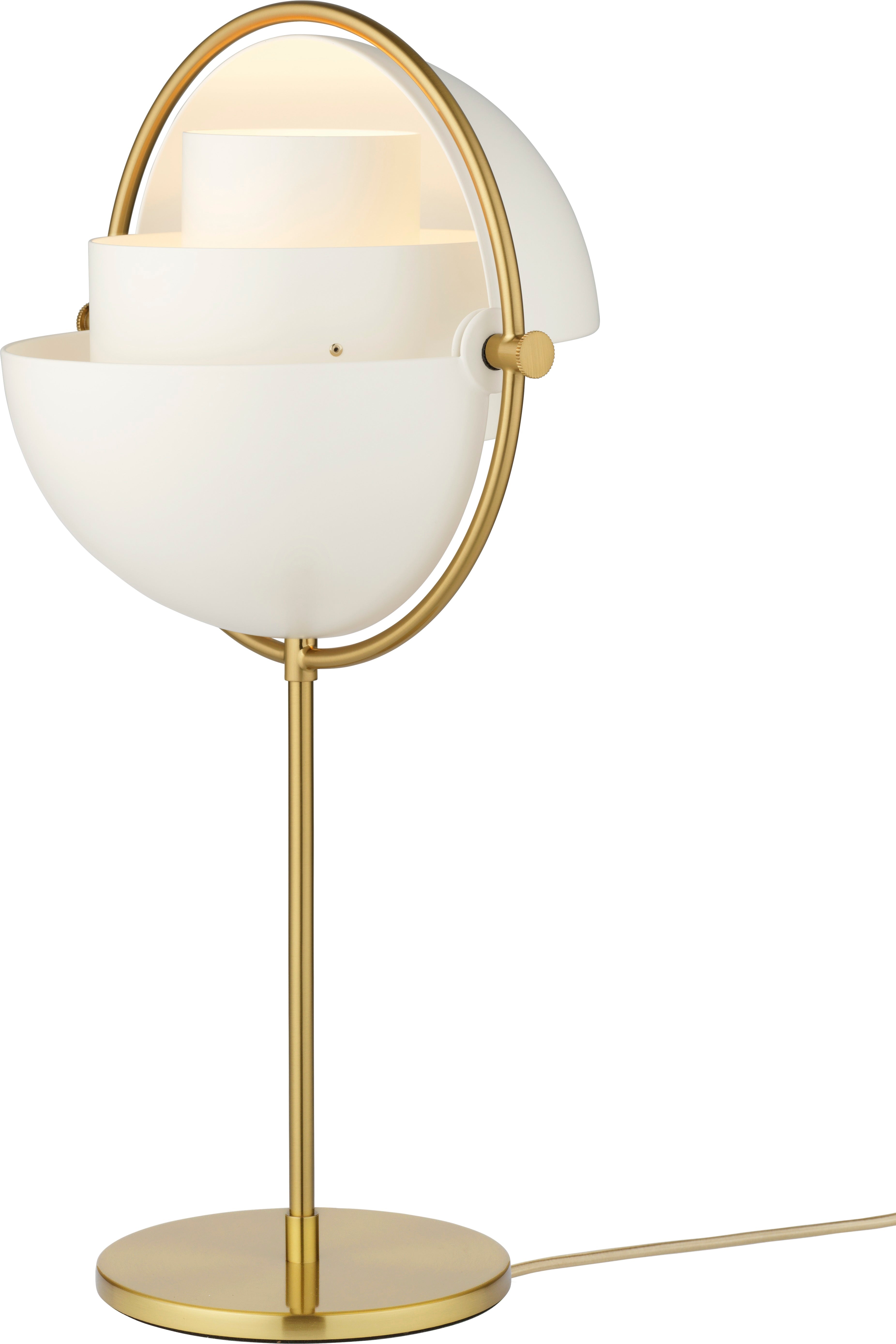 MULTI-LITE table lamp with a brass base and white shade