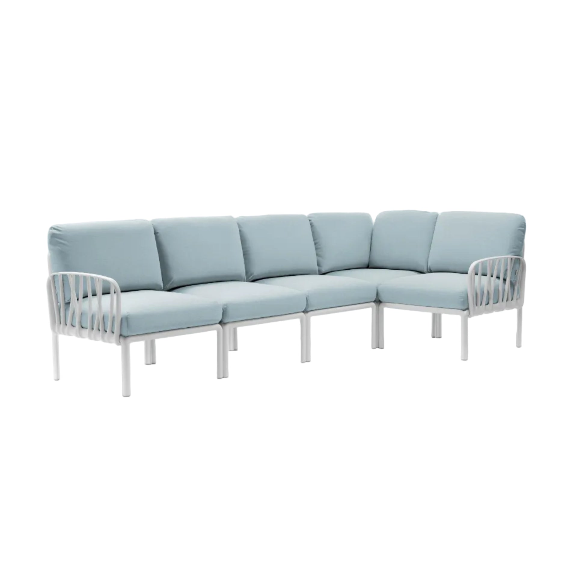 Modularer Außen-Ecksofa KOMODO 5 himmelblau Sunbrella® mit weißem Gestell