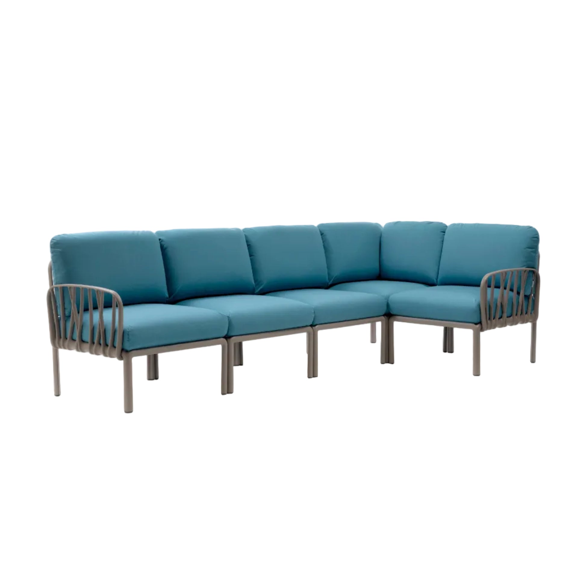 Modulaire buitenhoekbank KOMODO 5 blauw Sunbrella® met taupe basis