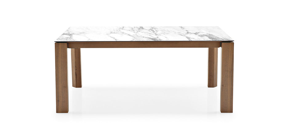Extendable table OMNIA with a white top and walnut base