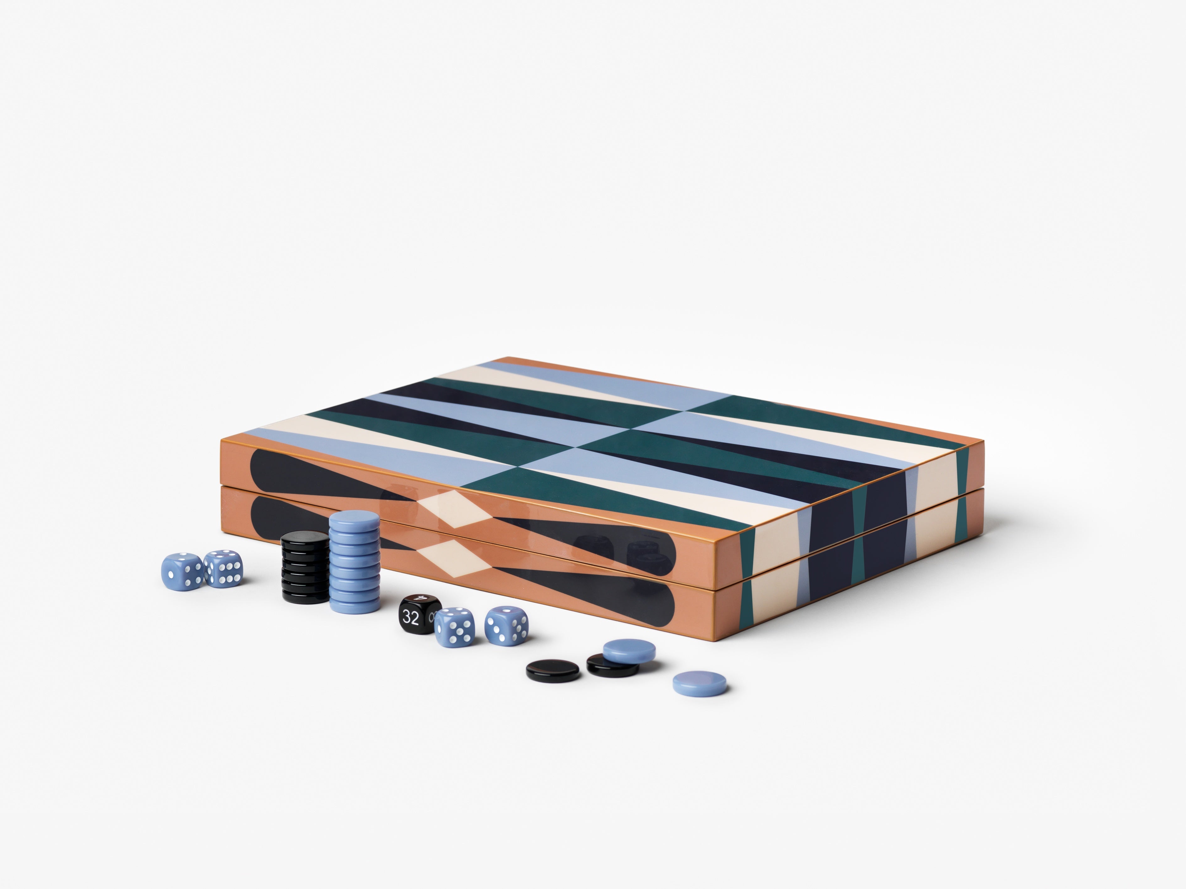 LACQUERED BACKGAMMON Set in Brown with Blue