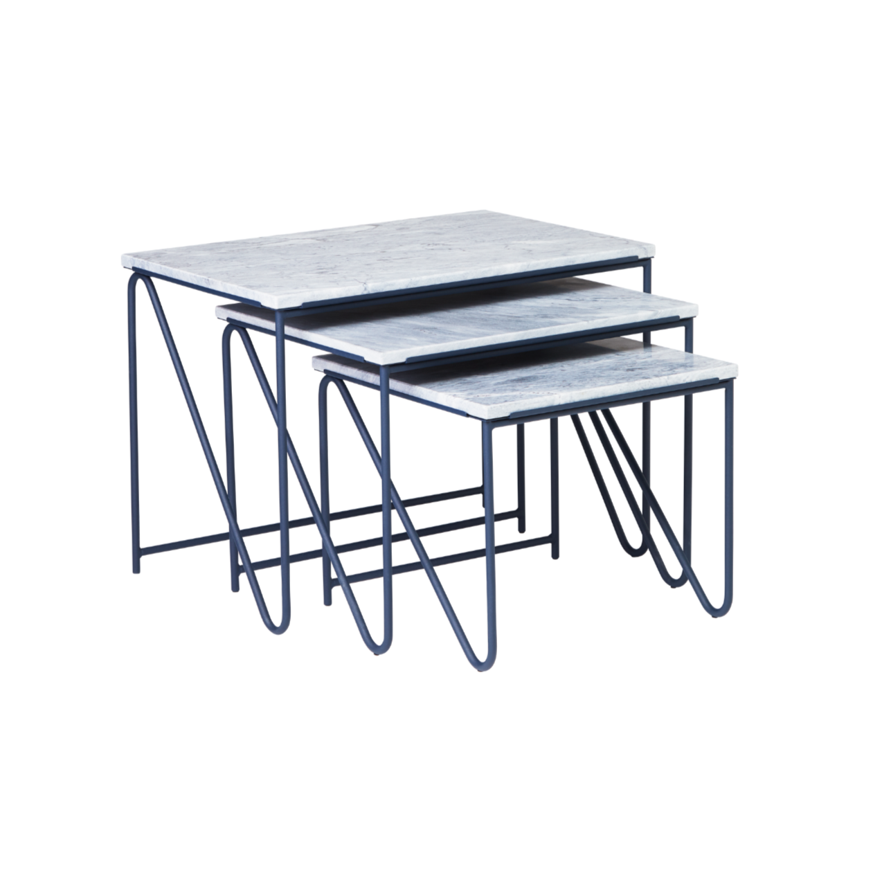 Set von Couchtischen TRIPTYCH grauer Marmor mit blauer Basis