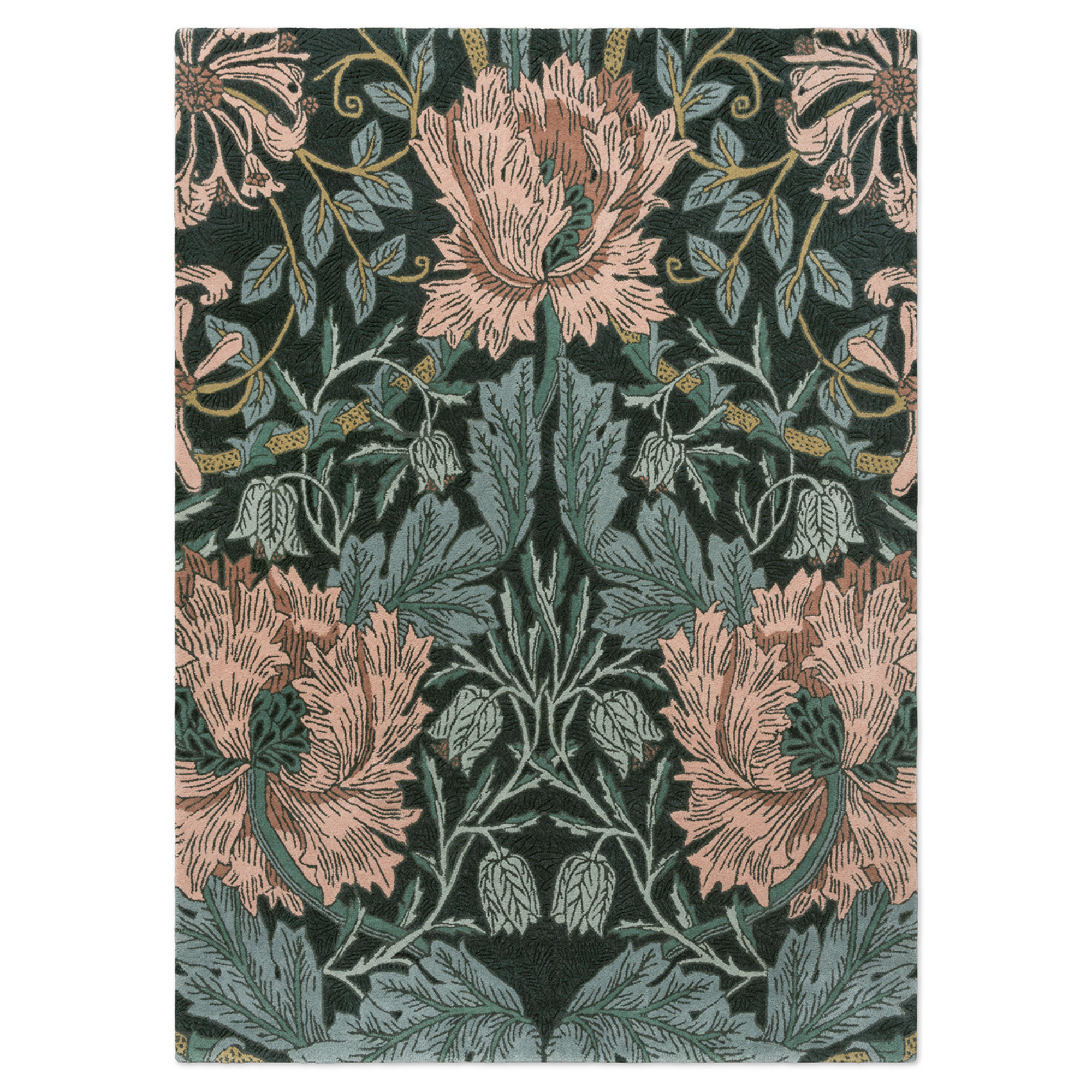 Wool rug HONEYSUCKLE & TULIP TEAL dark green with pink