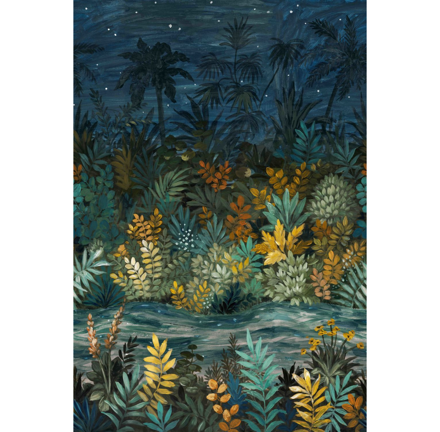 Muurschildering met tropisch plantenmotief NUIT ÉTOILÉE marineblauw met groen