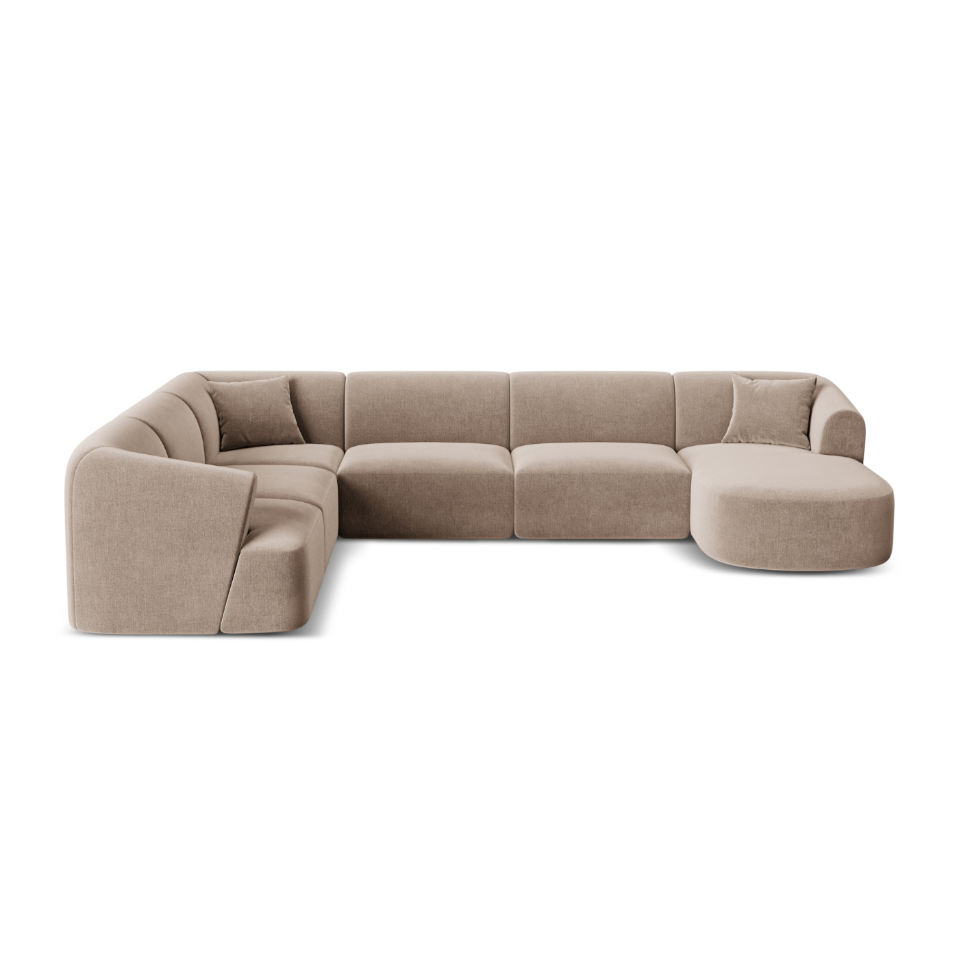 Linksseitiges, samtiges, panoramisches 7-Sitzer-Sofa CAMPI in dunkelbeige