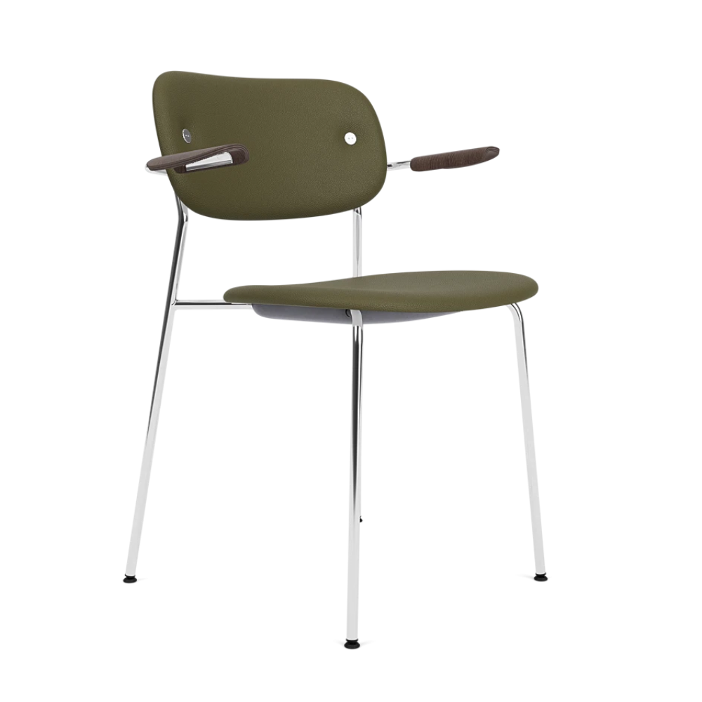 Stoel met armleuningen CO groen met verchroomde basis