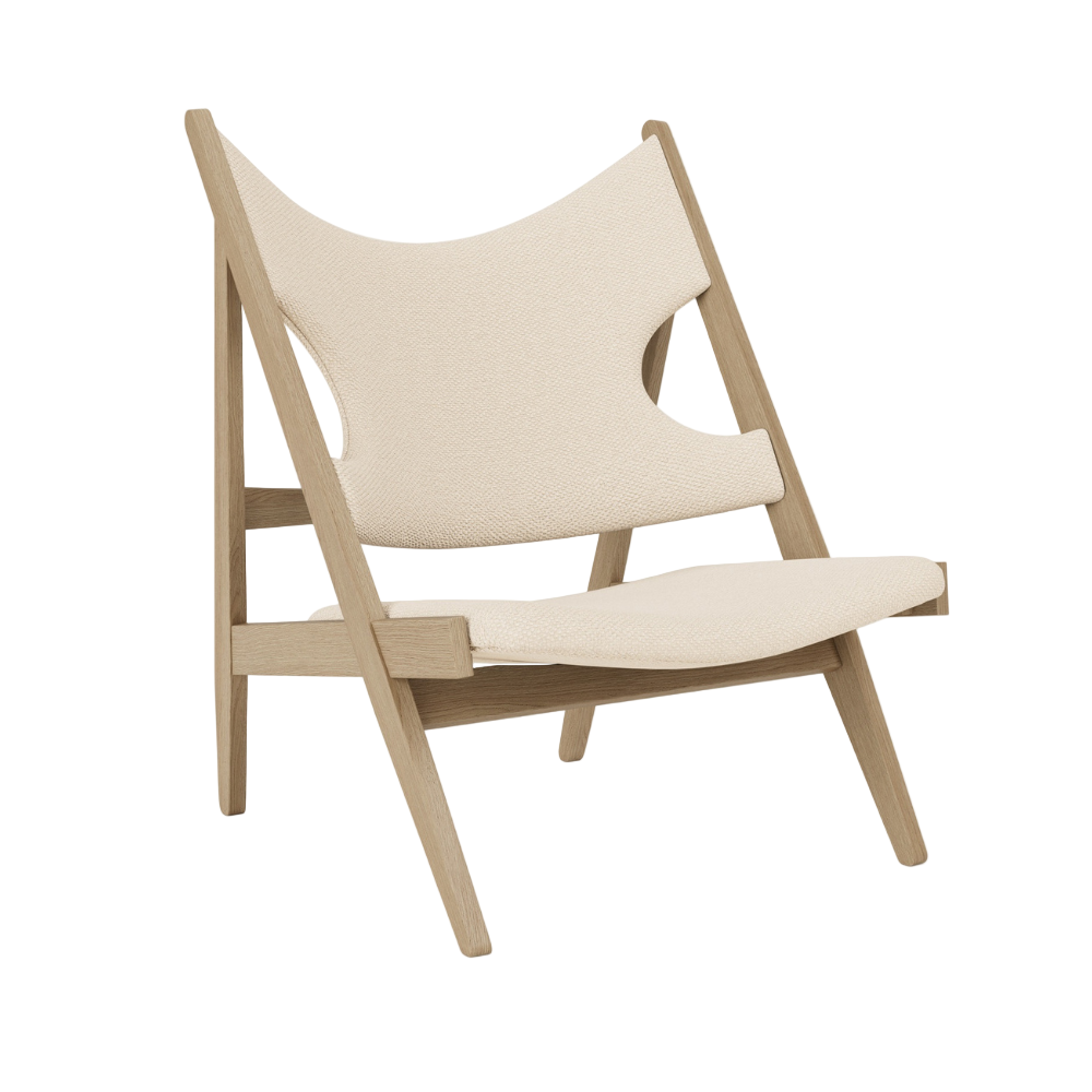 KNITTING cream armchair with oak base