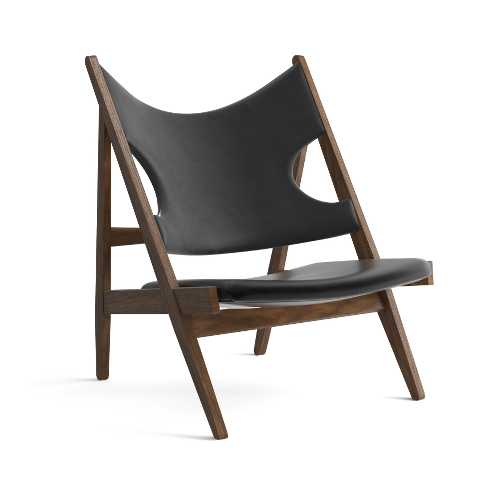 Fauteuil KNITTING zwart leer met notenhouten basis