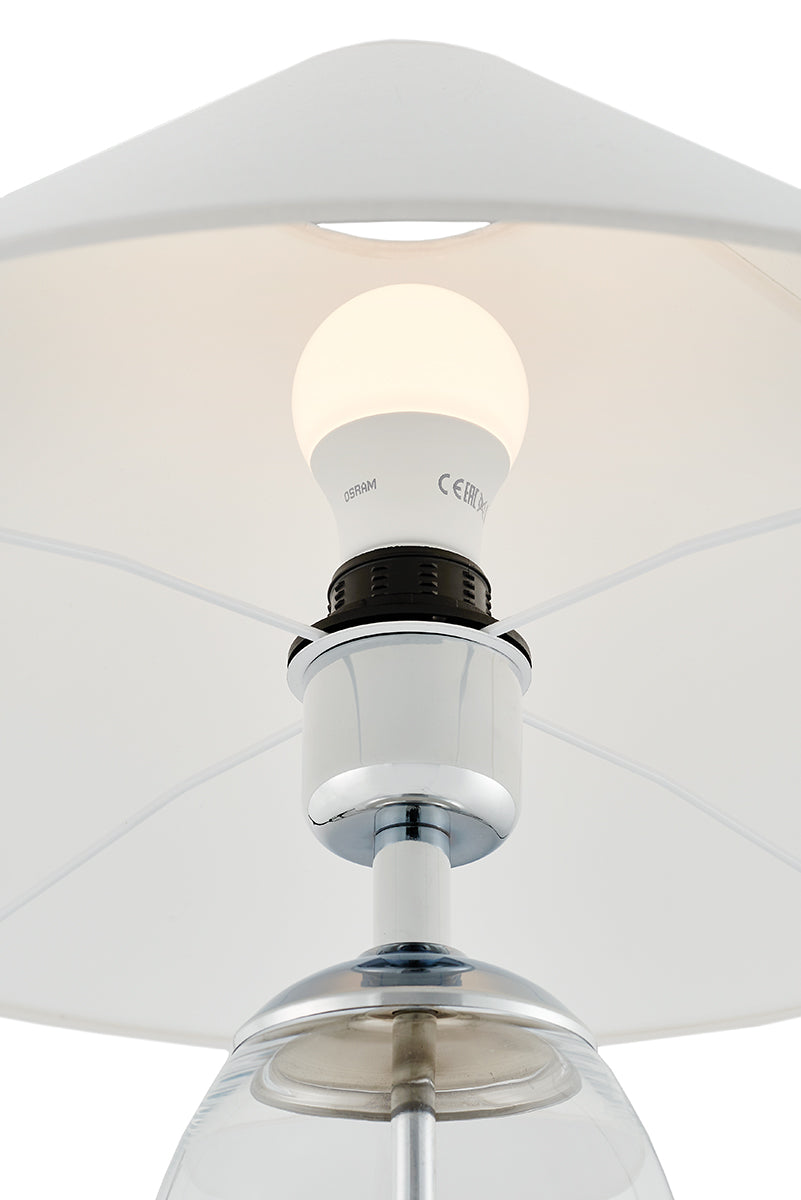 Tischlampe REA weiß mit transparenter Basis und silbernem Finish