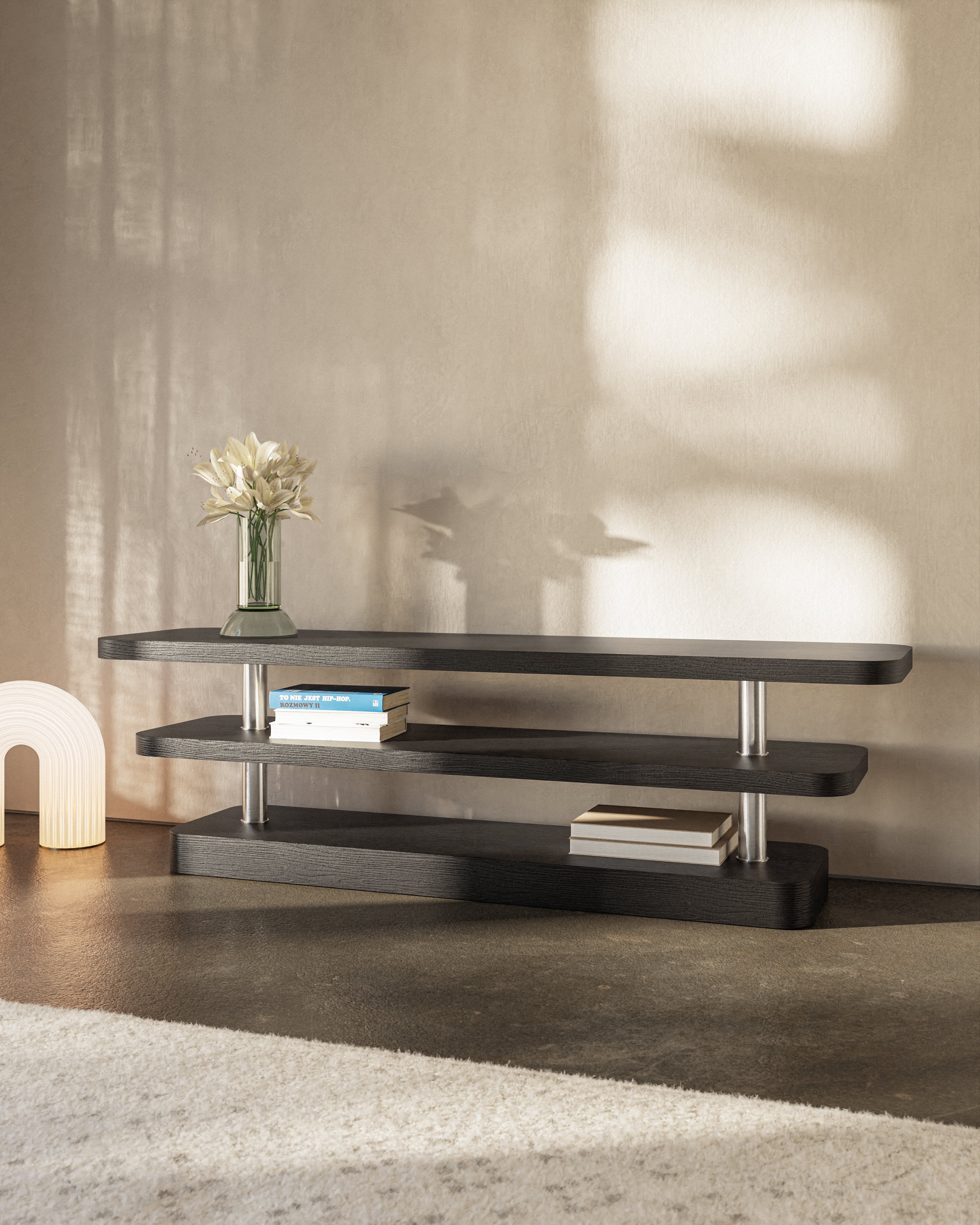 RTV-Schränke REL schwarz mit Furnier und Stahlelementen