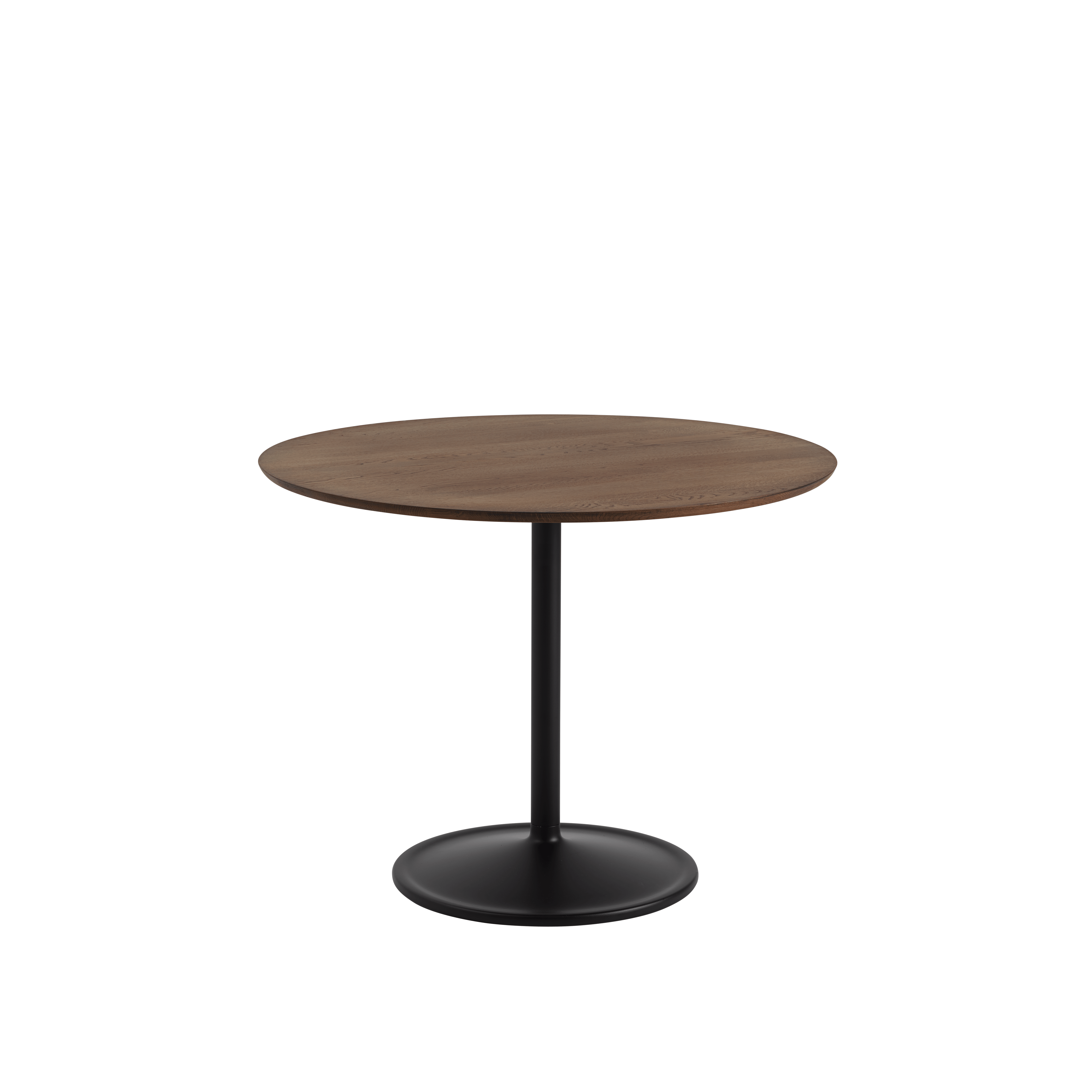 Ronde tafel SOFT van donker eikenhout met een zwarte basis