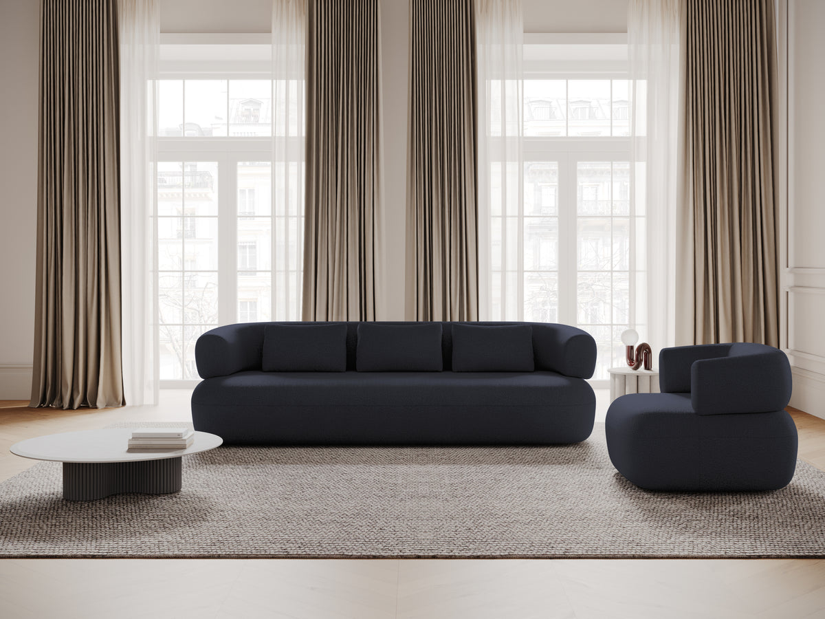 Driepersoons linkerhoekbank ALDRIN in marineblauwe boucle.