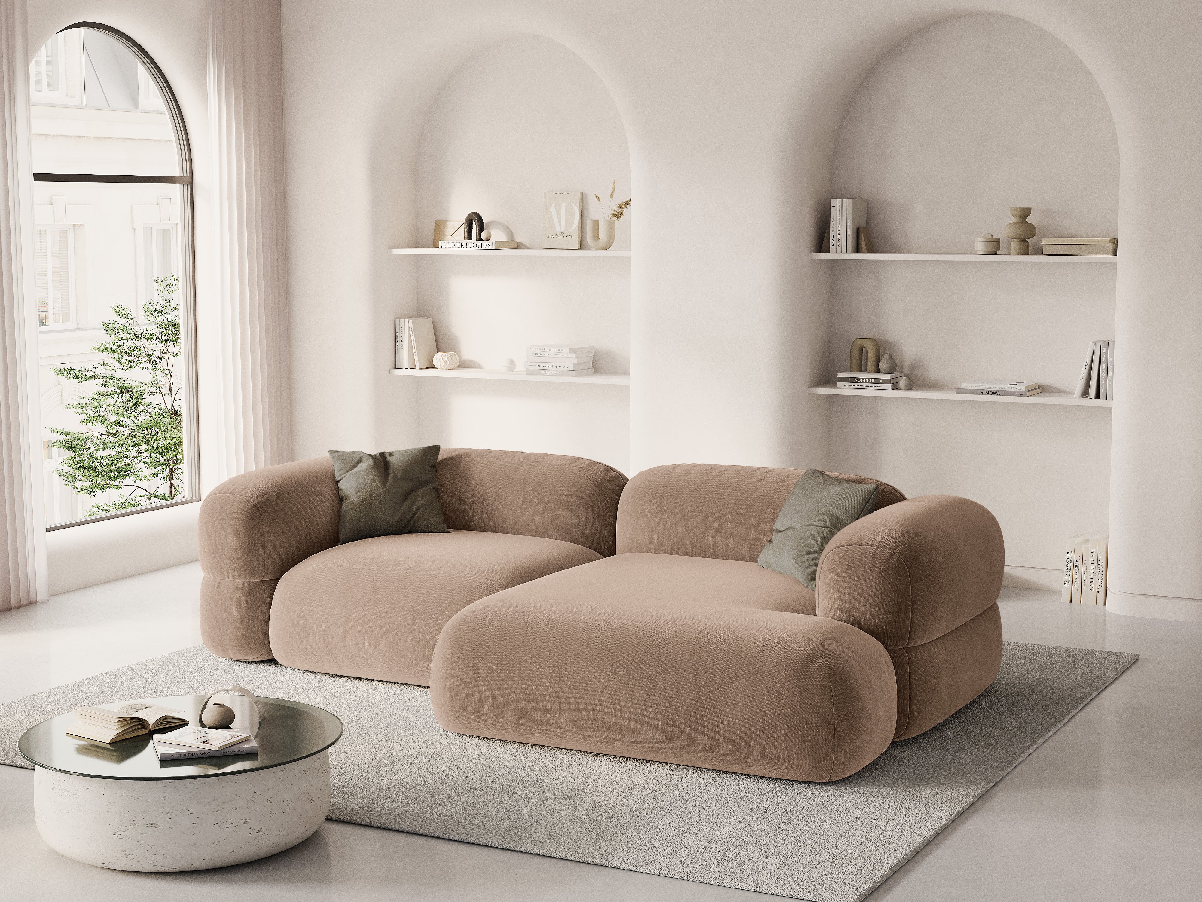 Donkerbeige rechtszijdige fluwelen hoekbank ROGER