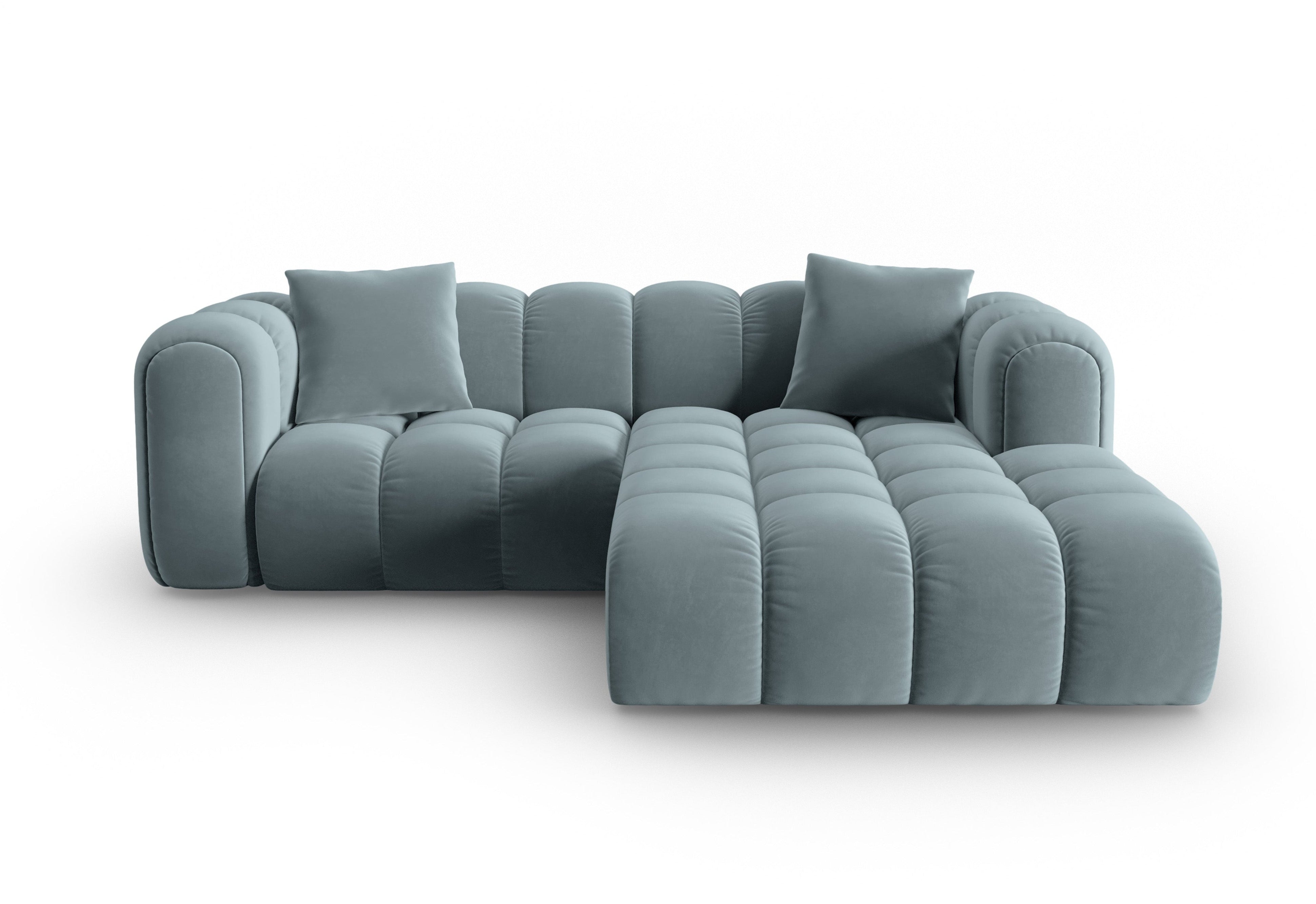 Velvet corner sofa for three people, right-facing, ASTRO light blue