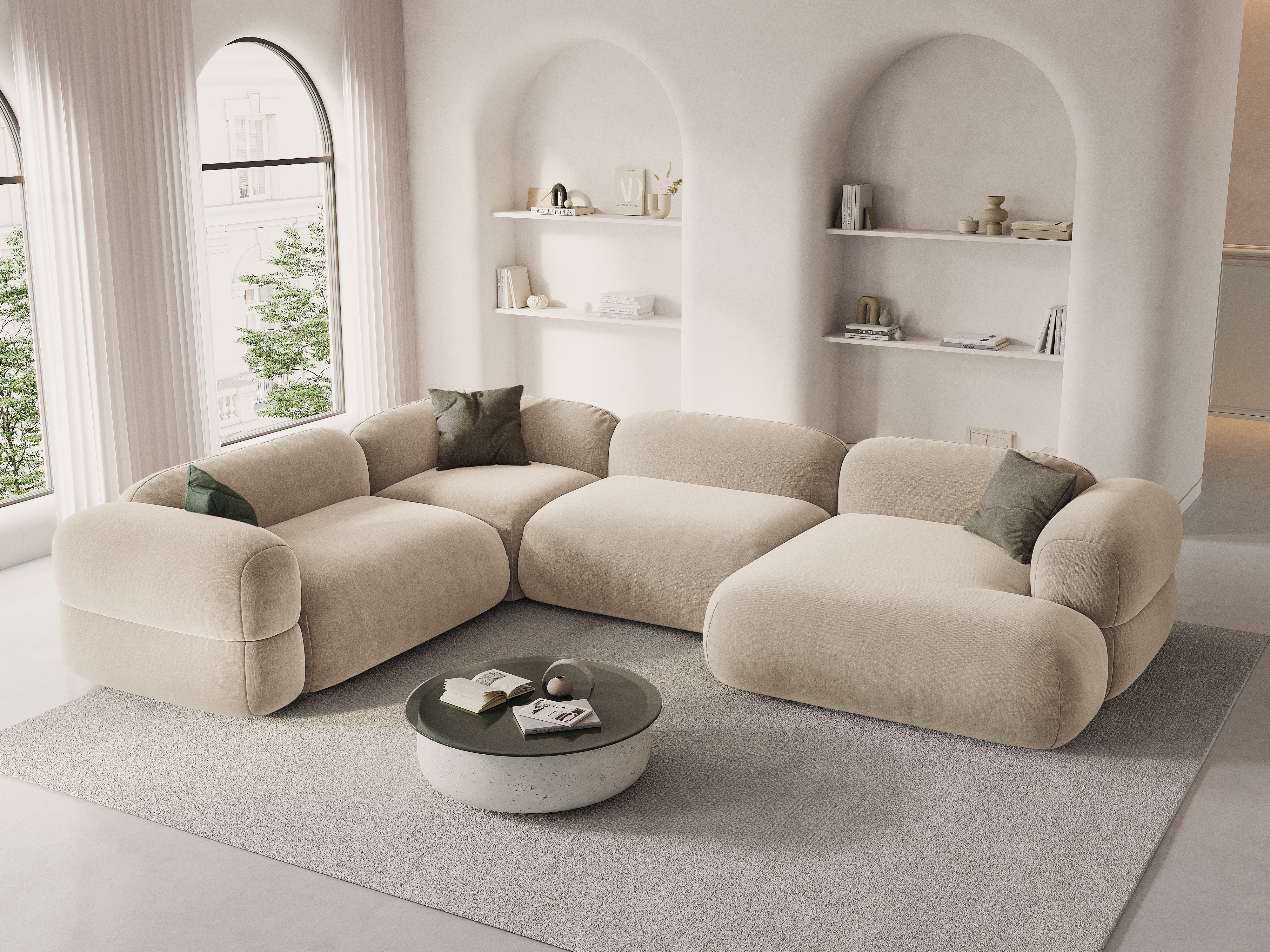 Links U-vormige fluwelen hoekbank ROGER lichtbeige