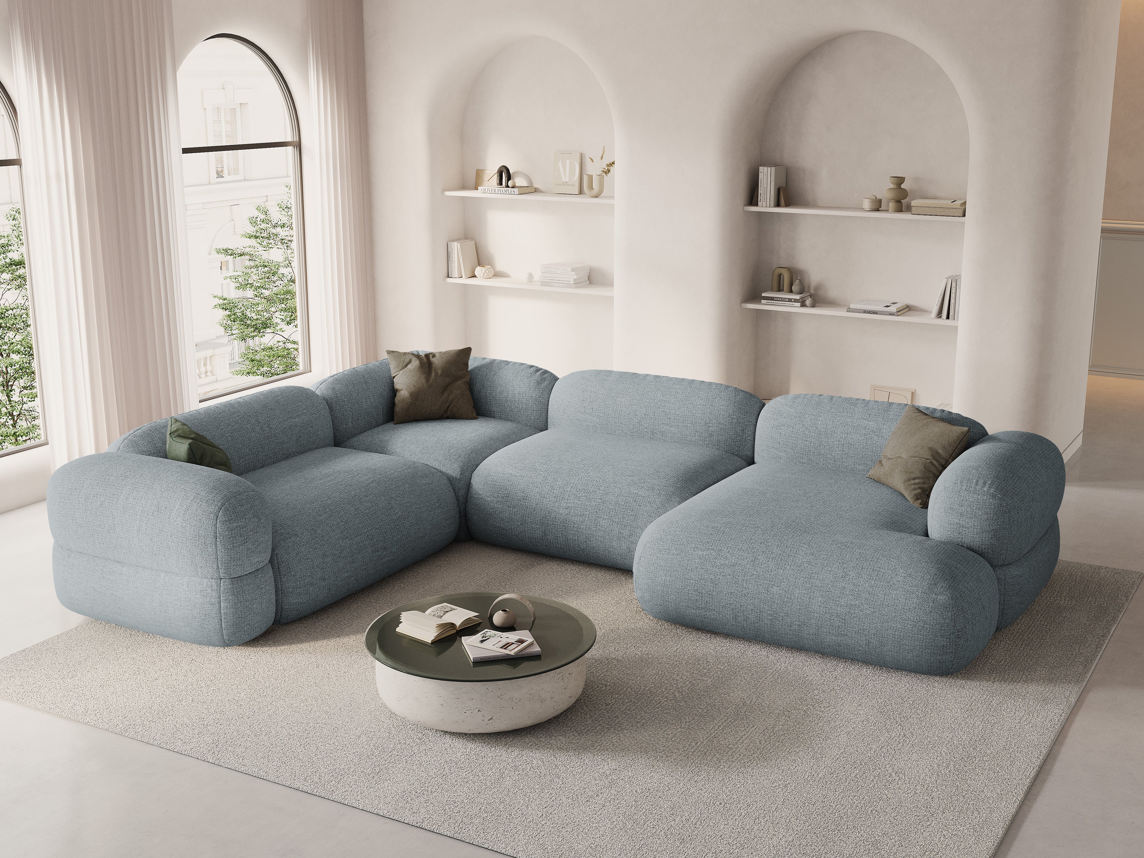 Left-facing U-shaped Corner Sofa ROGER in blue chenille