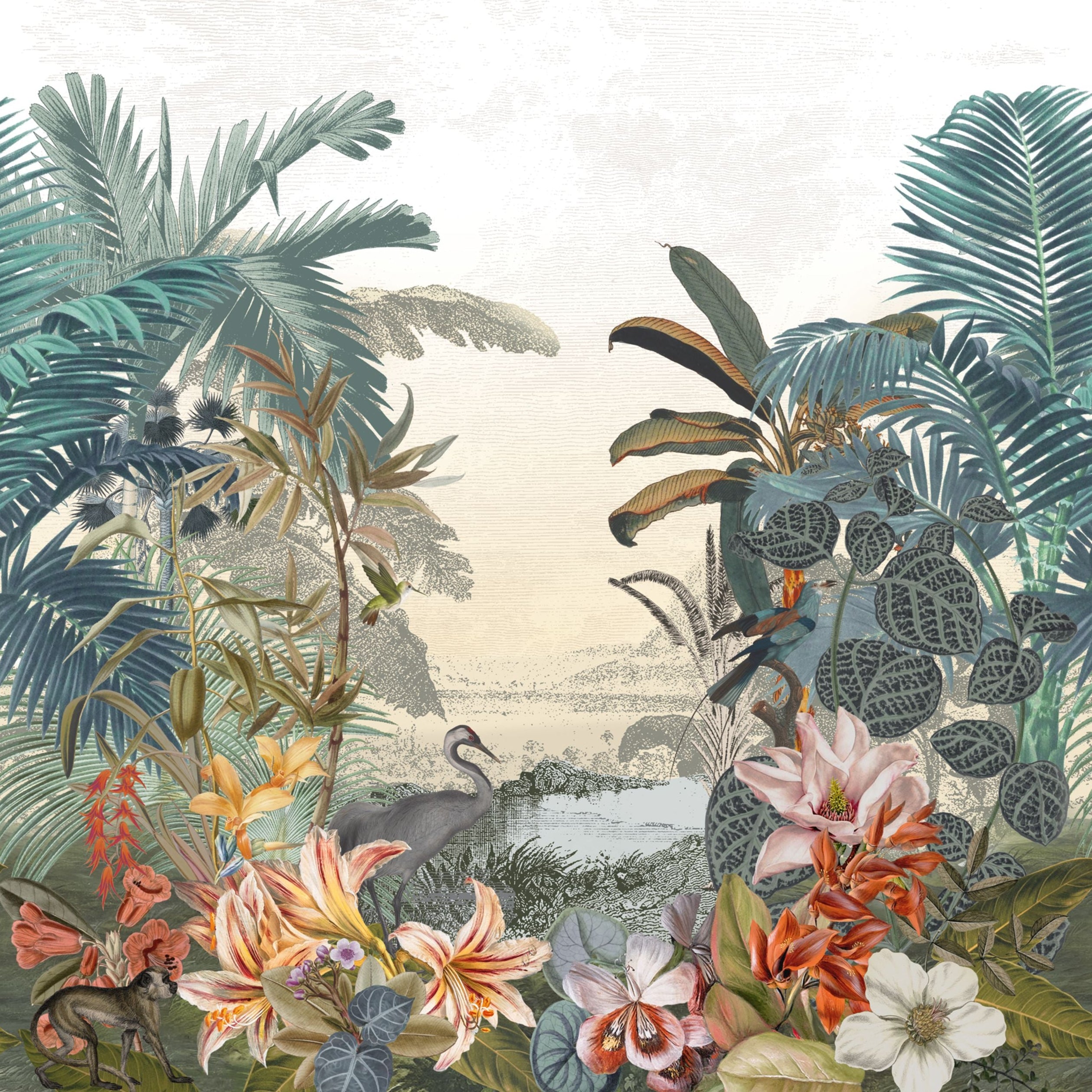 Muurschildering textiel met exotisch landschap PARAIBA groen-blauw met beige