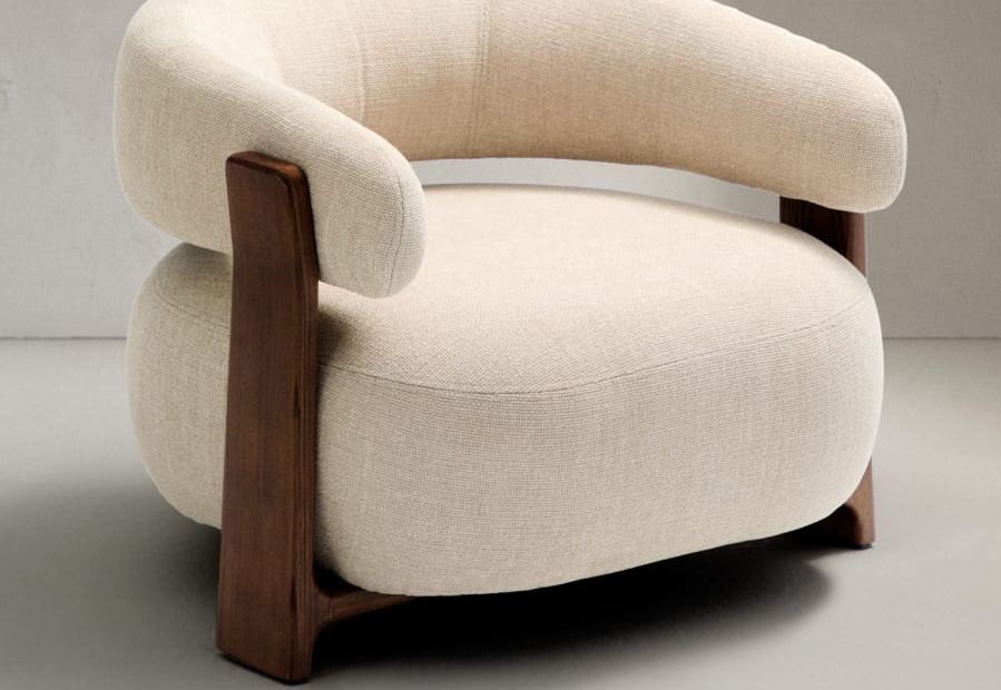 Fauteuil GRANITE beige chenille met een donkere essen basis