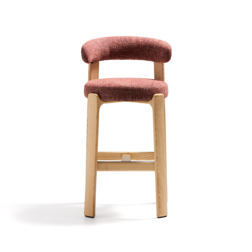 Hocker GRANITE rode chenille met een essen basis