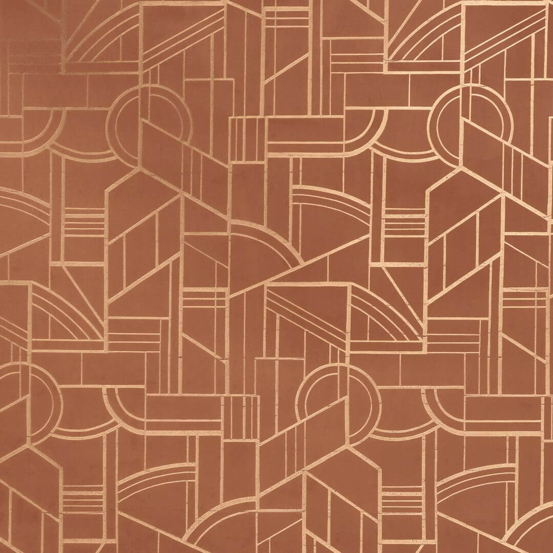 Textil-Tapete in metallischer Optik mit geometrischem Art-Déco-Motiv REIMS - TERRE DE SIENNE Terrakotta mit Gold