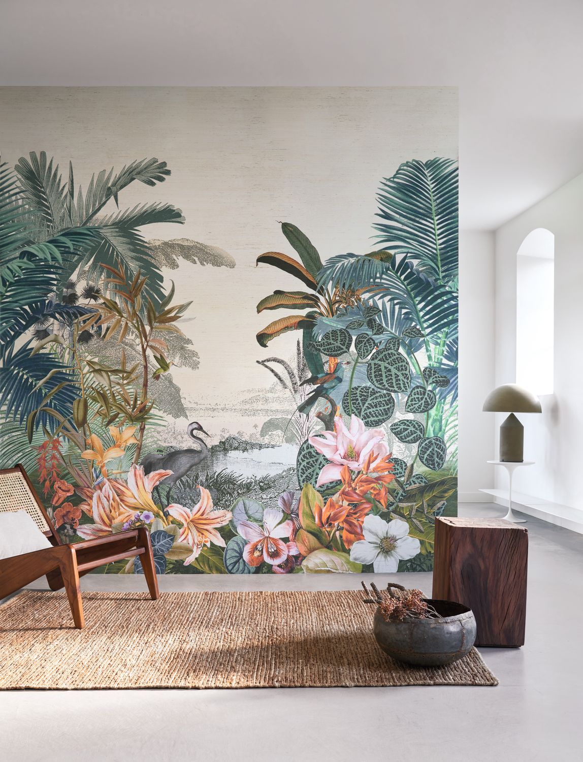 Muurschildering textiel met exotisch landschap PARAIBA groen-blauw met beige