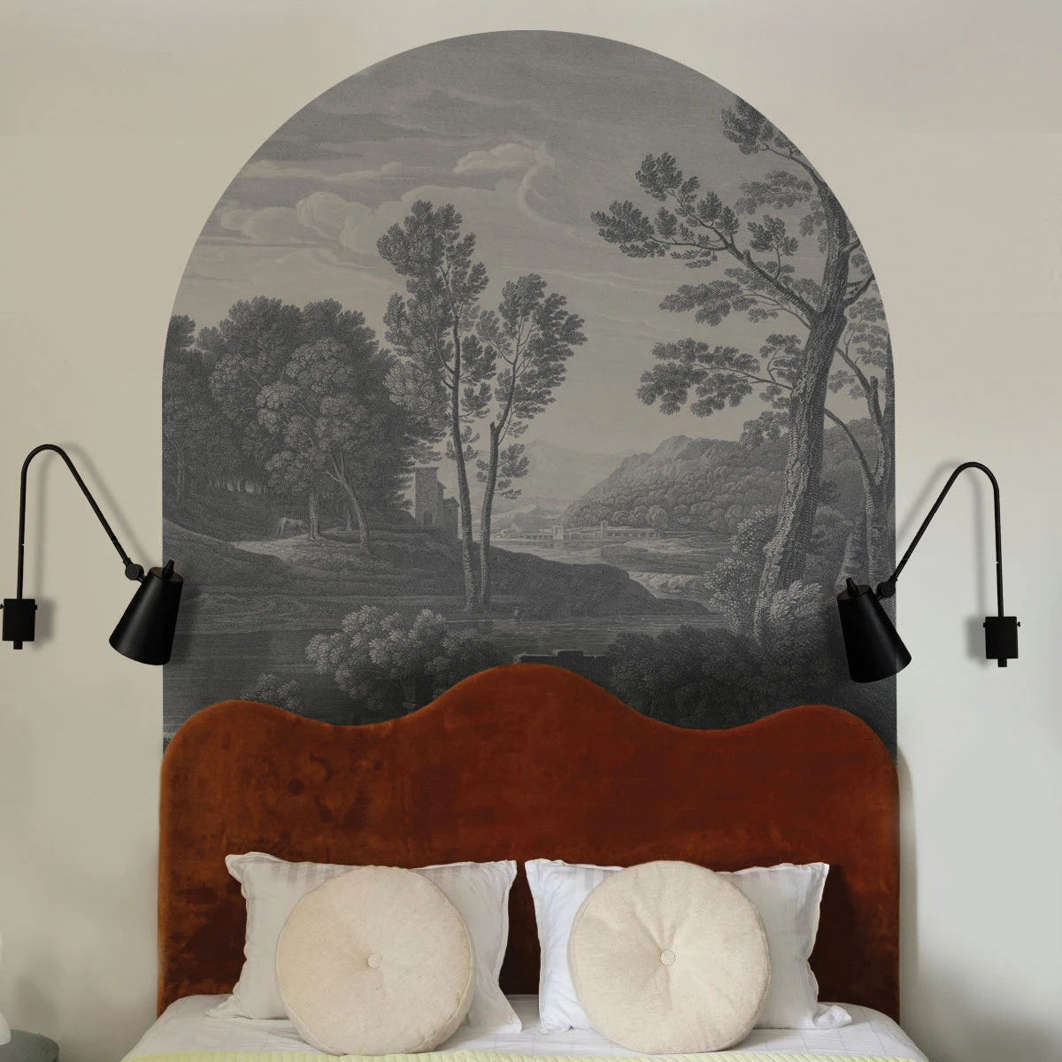 Non-woven mural in the shape of an arch ANCIENT RIVERSIDE GROVE gray
