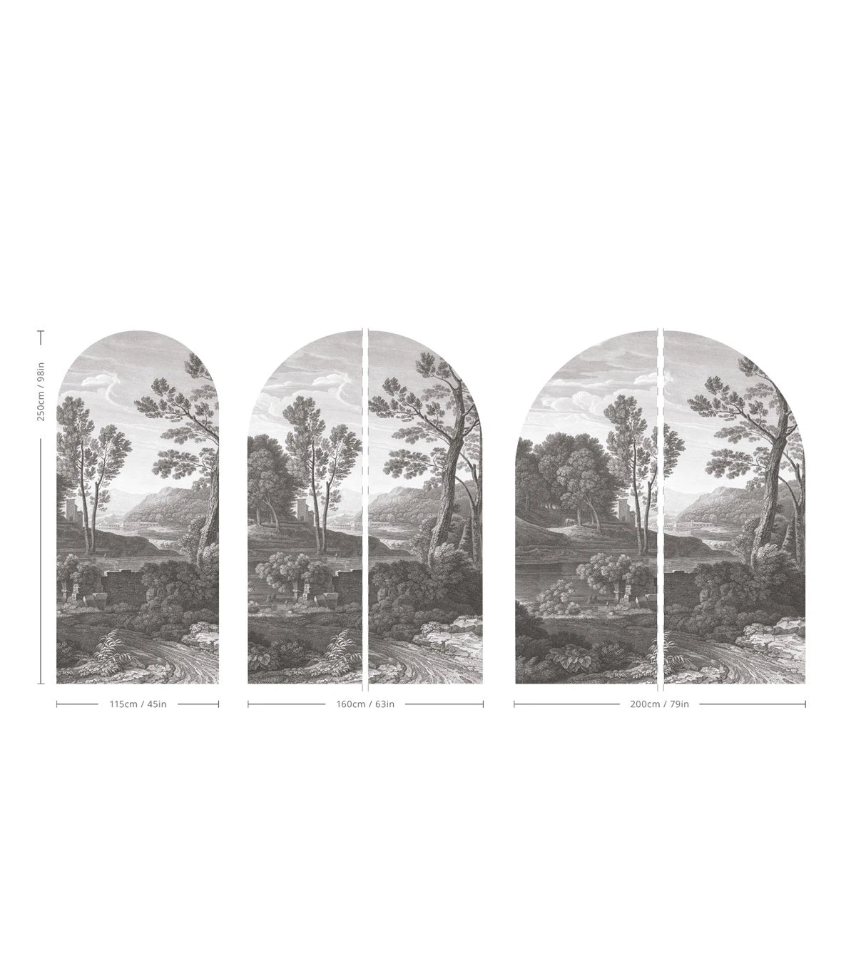 Non-woven mural in the shape of an arch ANCIENT RIVERSIDE GROVE gray