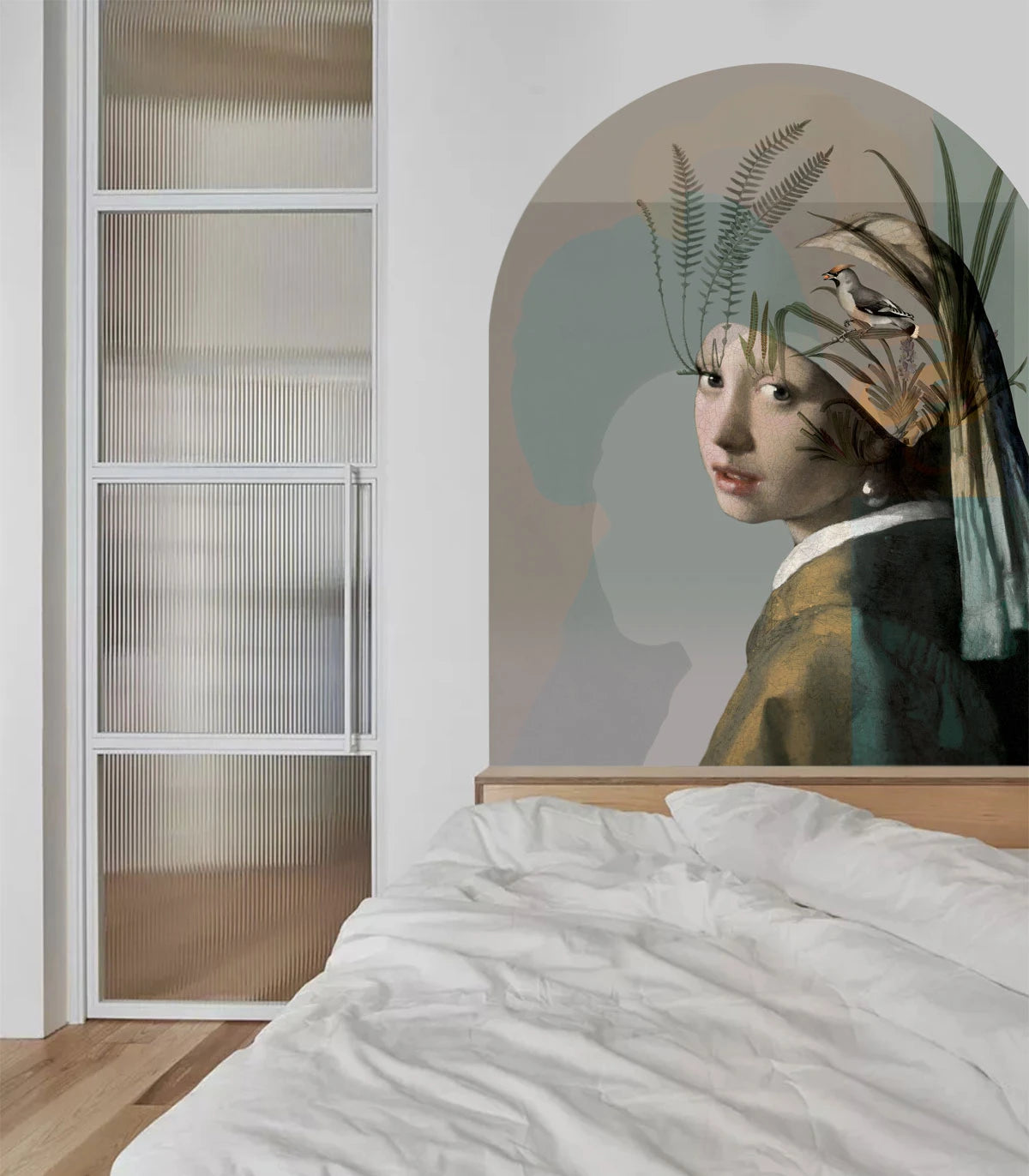 Vliesbehang in boogvorm NATURE GIRL WITH THE PEARL beige met groen