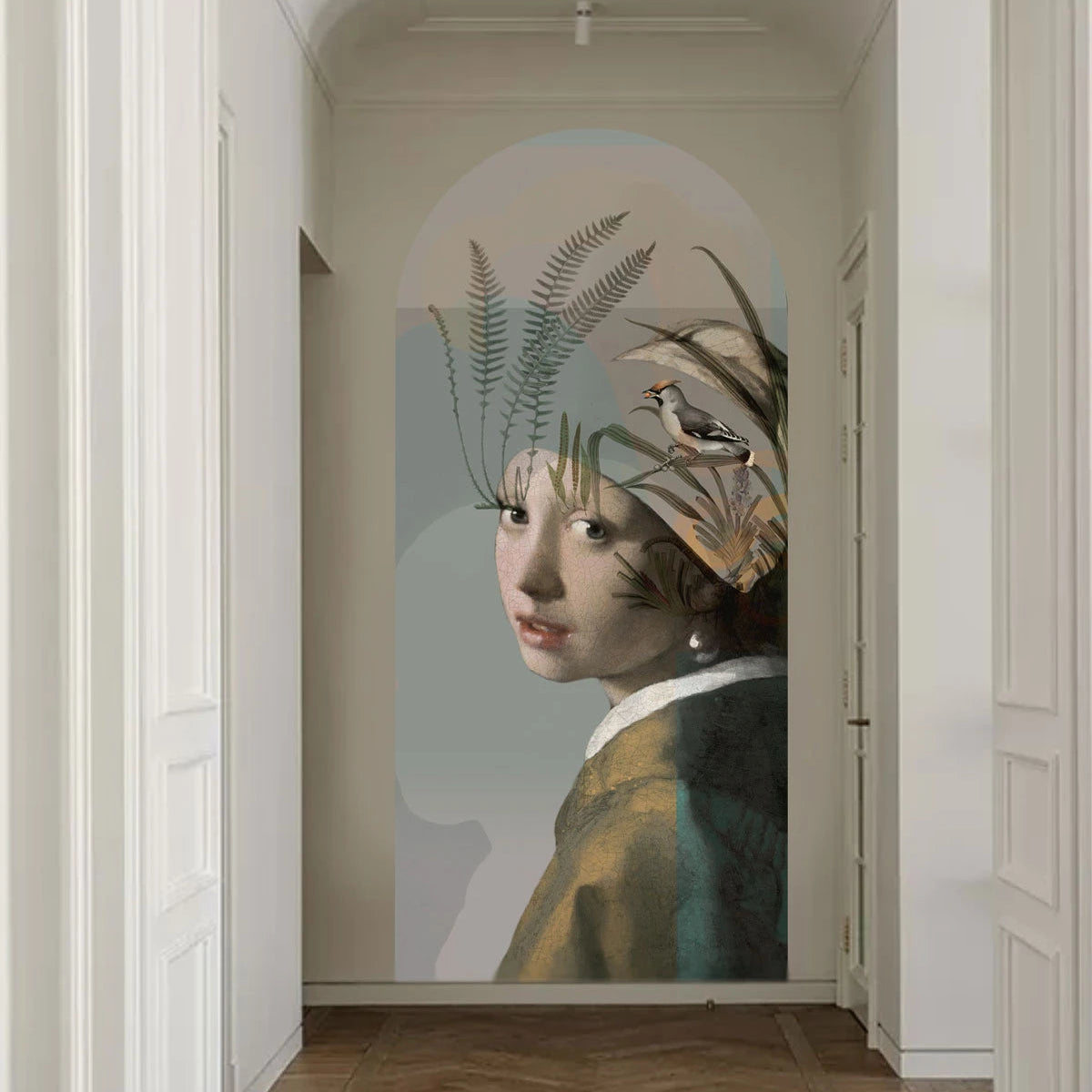 Vliesbehang in boogvorm NATURE GIRL WITH THE PEARL beige met groen