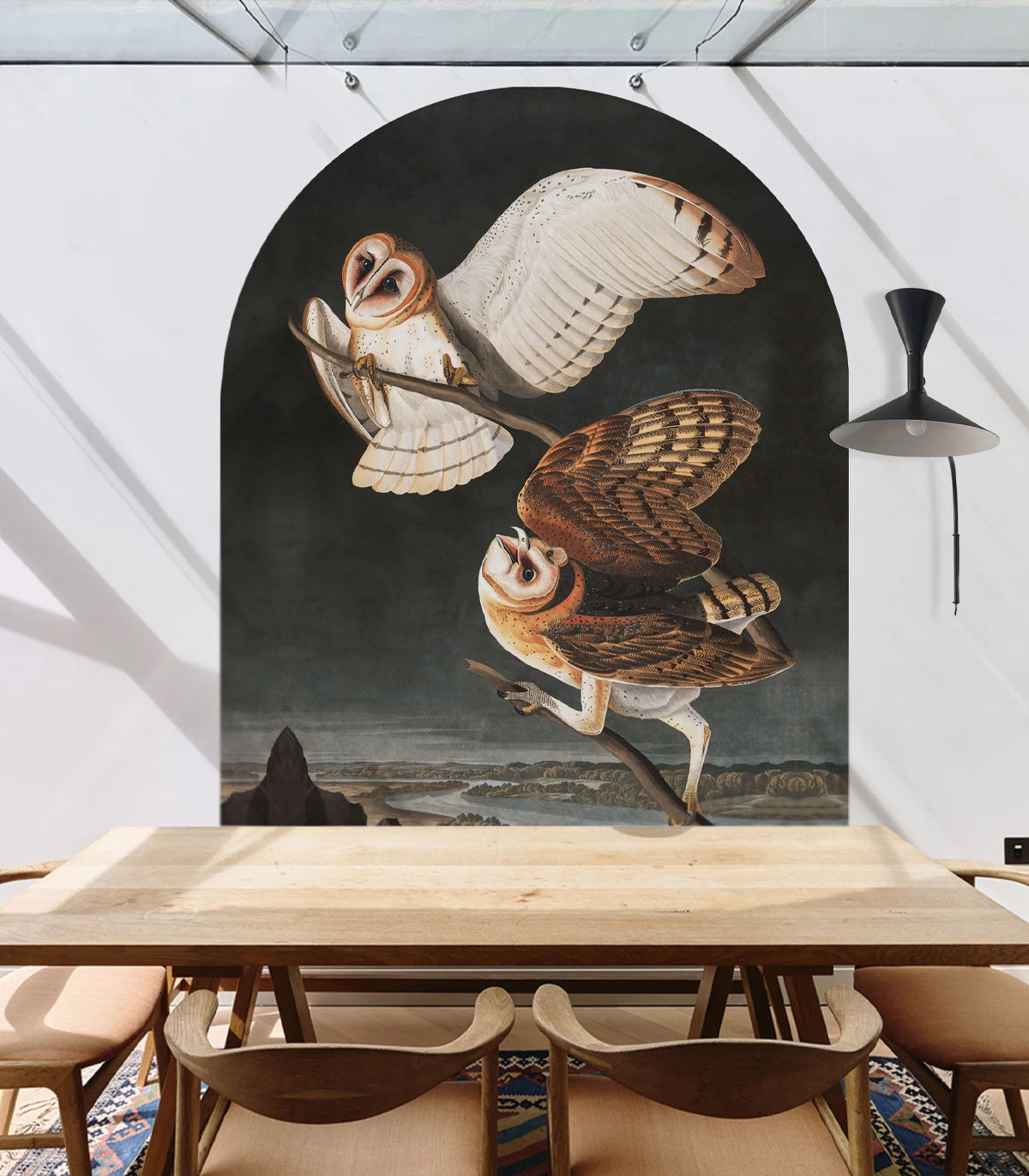 Non-woven mural in the shape of an arch OWLS dark gray