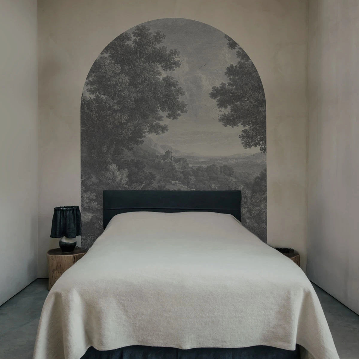 Vliesbehang in boogvorm PICTURESQUE VALLEY OF SERENITY grijs met blauw