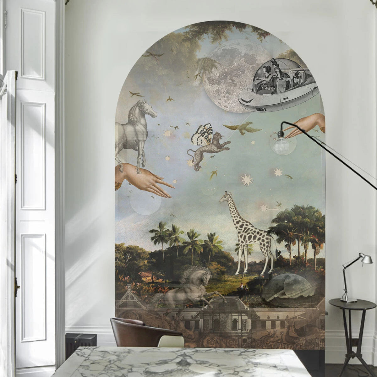 Flizelinbehang in boogvorm STARDUST SAFARI donkergroen met blauw