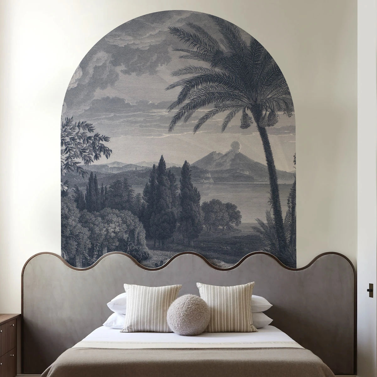 Non-woven mural in the shape of an arch TROPICAL VOLCANO VISTA muted blue
