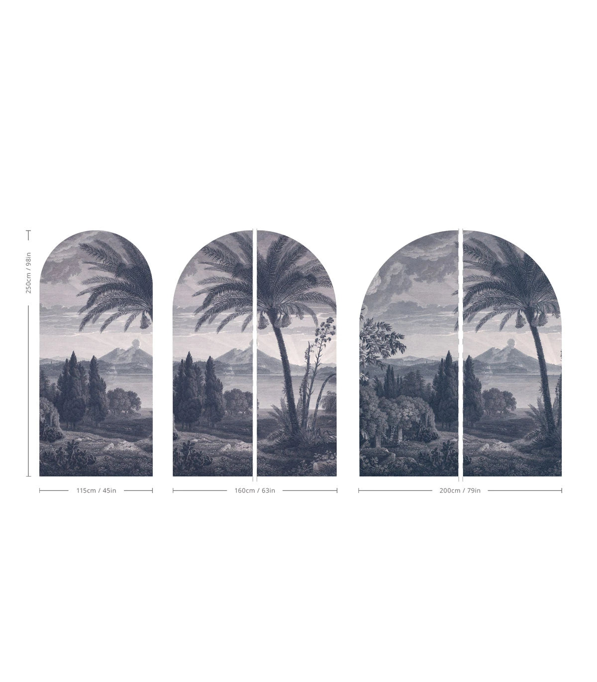 Non-woven mural in the shape of an arch TROPICAL VOLCANO VISTA muted blue