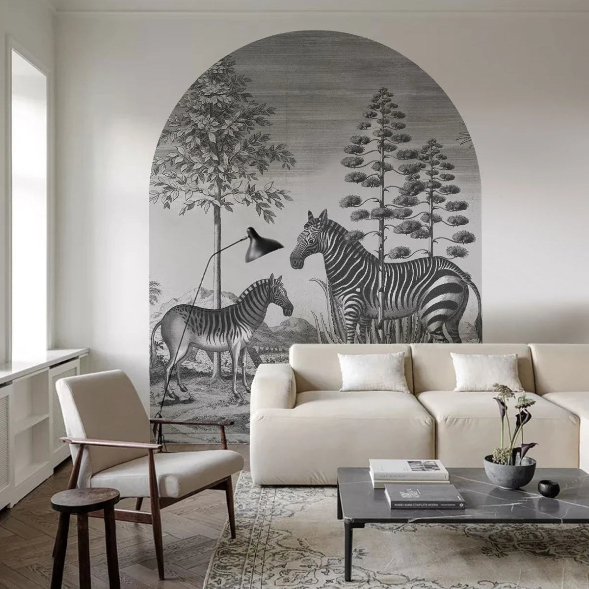 Non-woven mural in the shape of an arch ZEBRA ON AGAVE gray