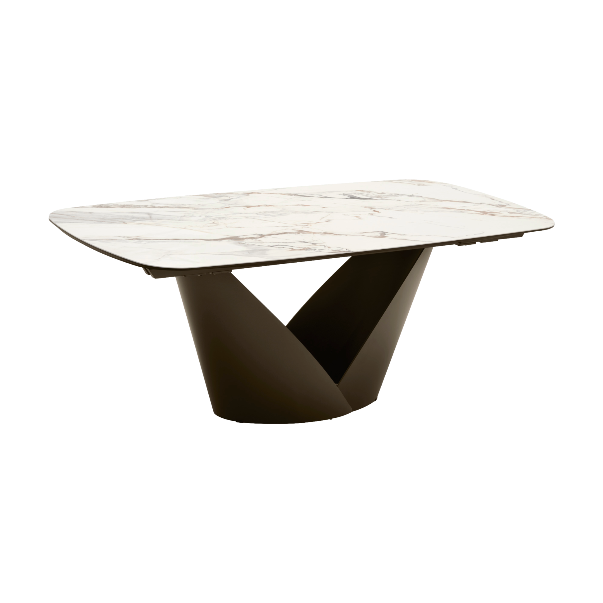 Ausziehbarer Tisch CALLA mit weißer Keramikplatte und braunem Gestell