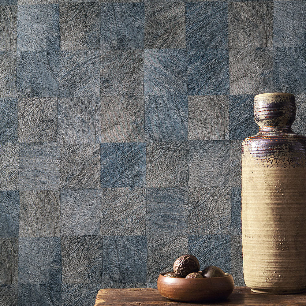 Structural wallpaper with a geometric wood-like pattern ABALE - Tobacco brown