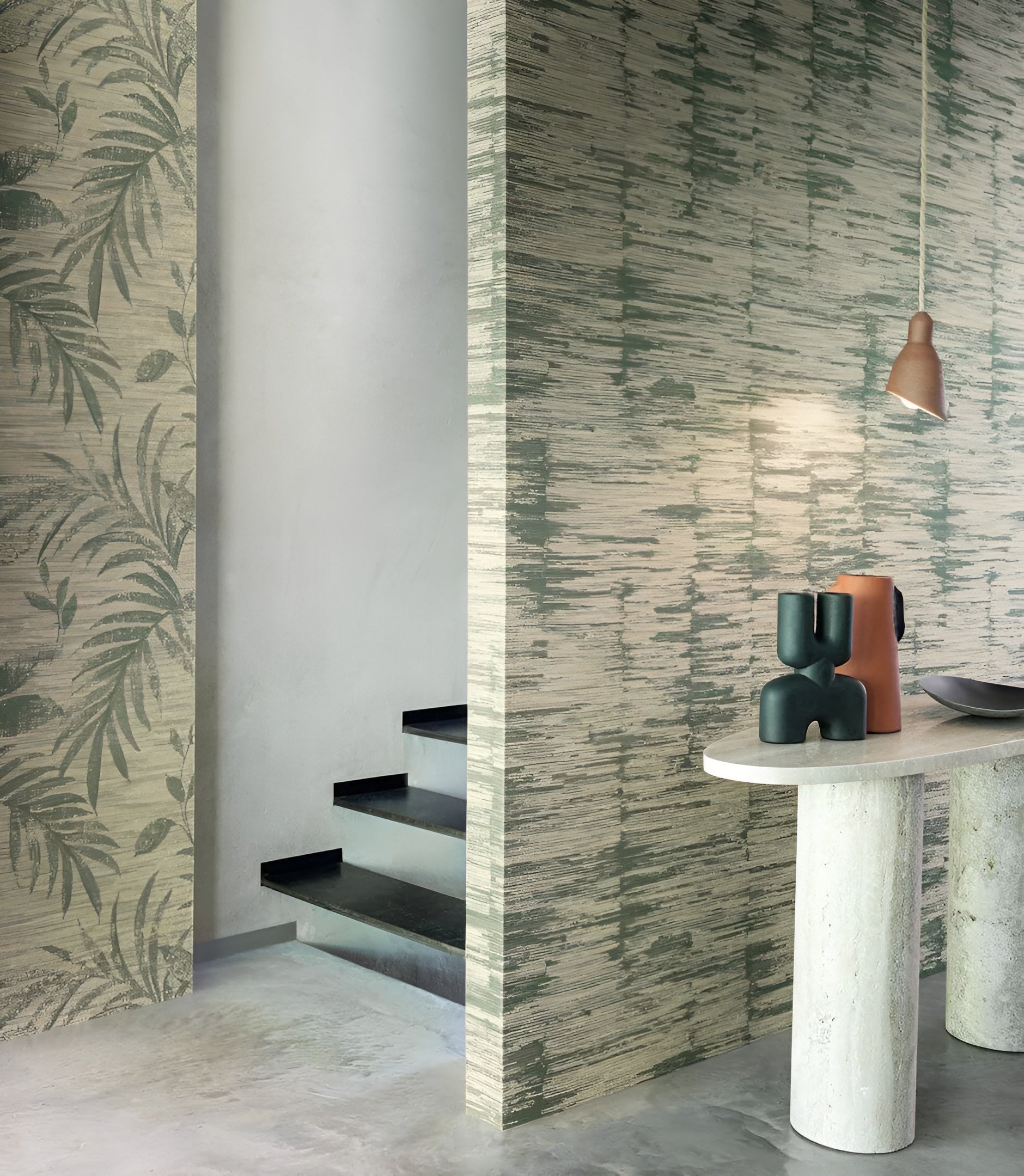 Textile wallpaper with a structured stripe design ALCHEMILLA - TAUPE/MORDORÉ brown with beige