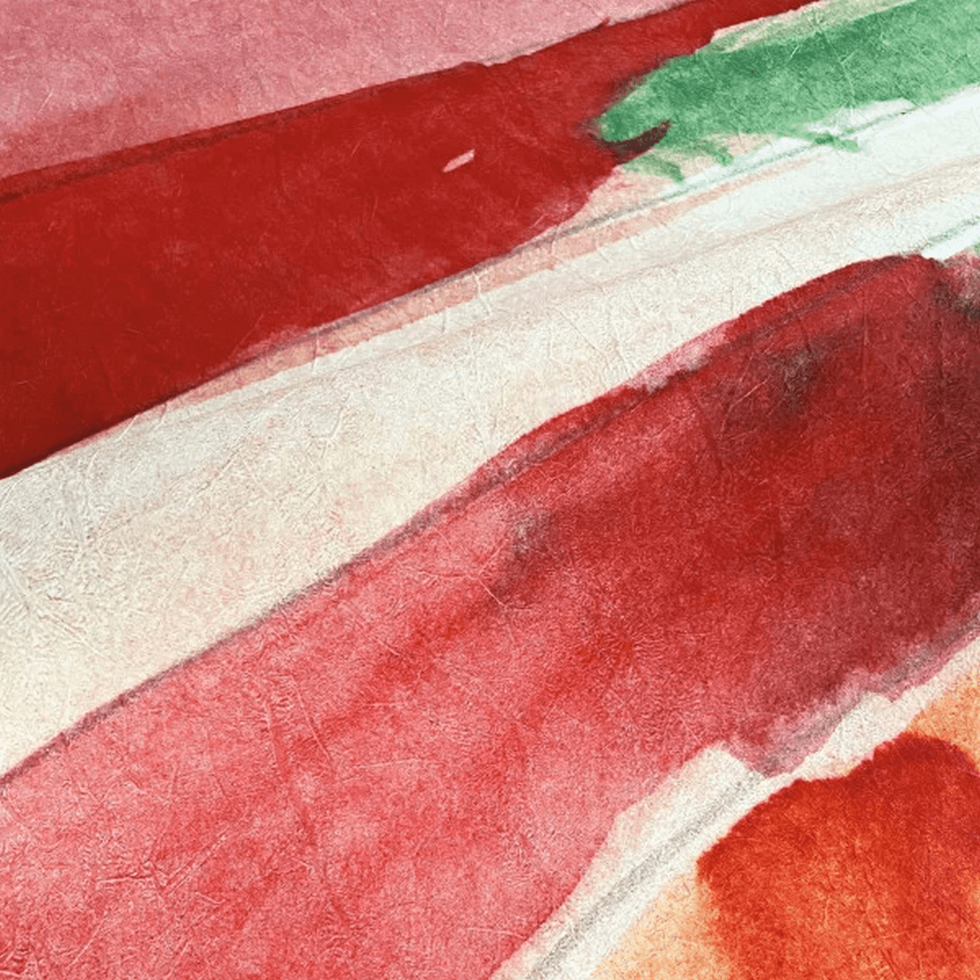 Abstrakte textiele muurschildering met plantaardig motief JARDIN DANSÉ - BLUSH MULTICOLORE roze met groen en rood