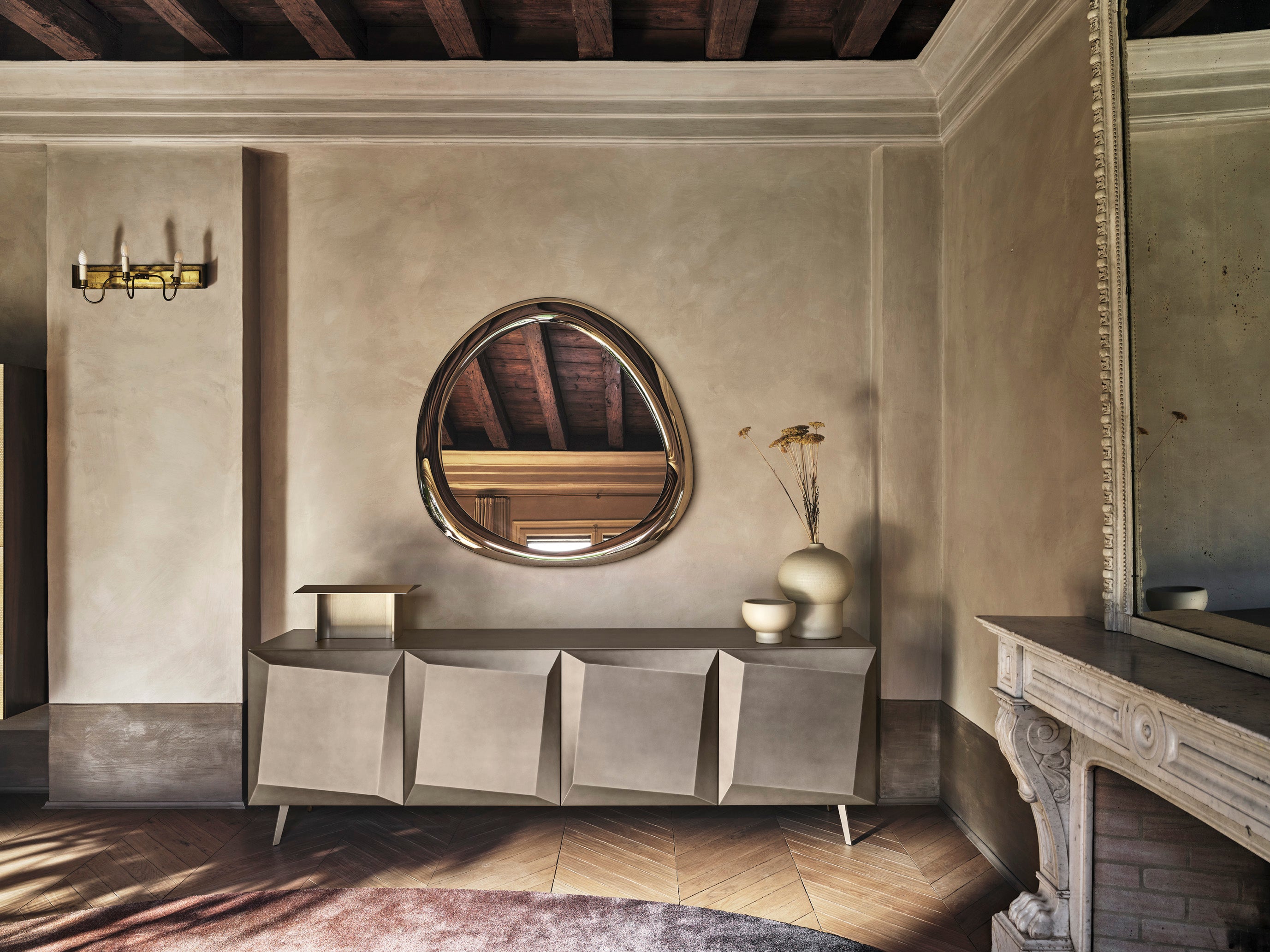 Rundes AURA Spiegel aus grauem Glas