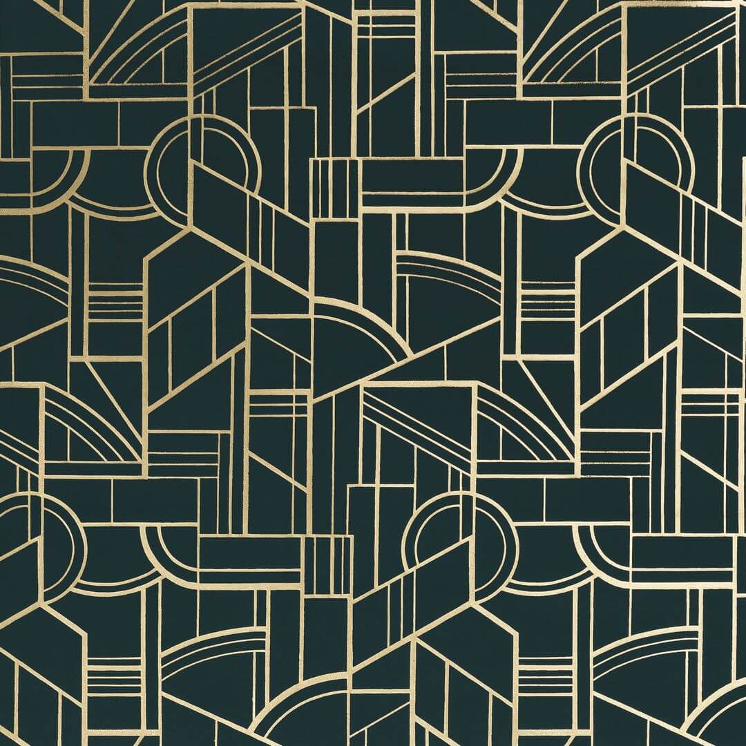 Metallic textile wallpaper with an Art Deco geometric pattern REIMS - NOIR DE LUNE black with gold